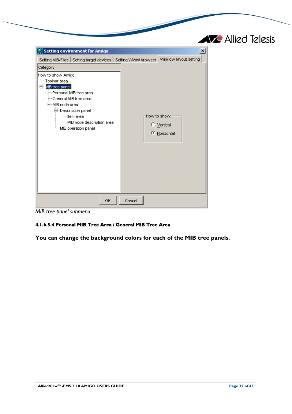 4 personal mib tree area / general mib tree area, Mib tree panel submenu | Allied Telesis AlliedView-EMS 3.10 AMIGO User Manual | Page 32 / 43