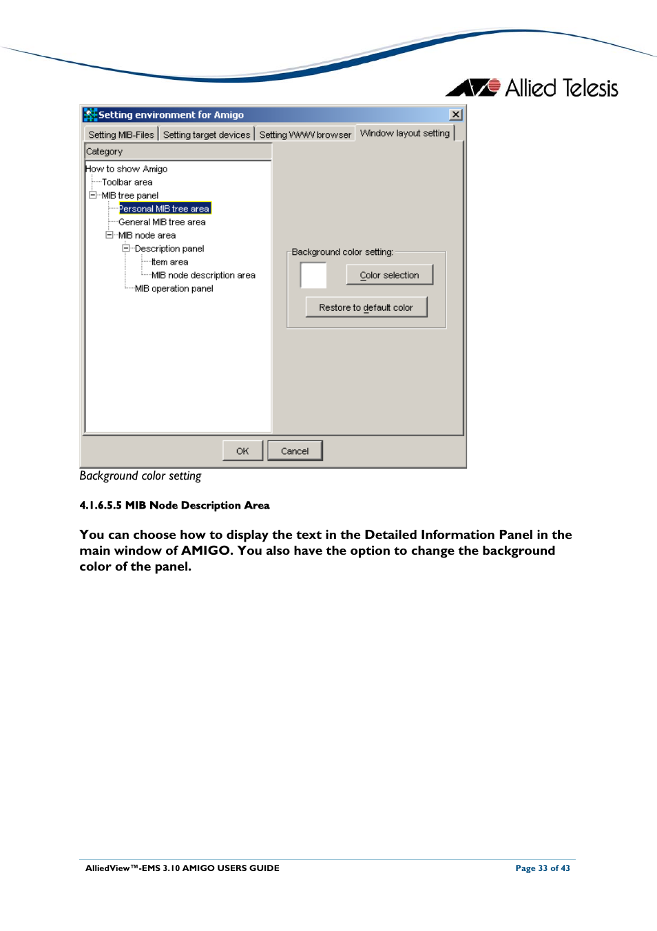 5 mib node description area, Background color setting | Allied Telesis AlliedView-EMS 3.10 AMIGO User Manual | Page 33 / 43