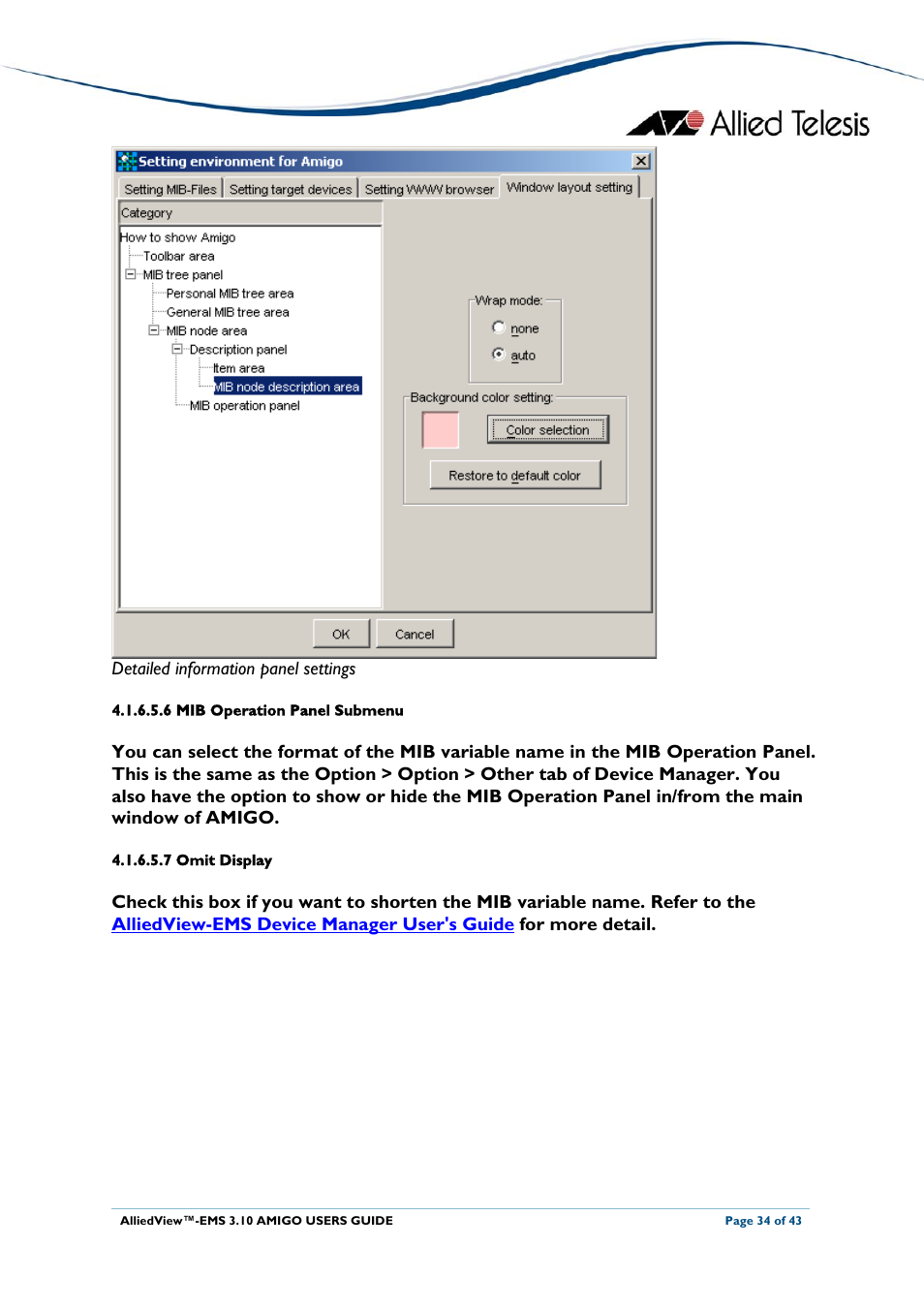 6 mib operation panel submenu, 7 omit display, Detailed information panel settings | Allied Telesis AlliedView-EMS 3.10 AMIGO User Manual | Page 34 / 43