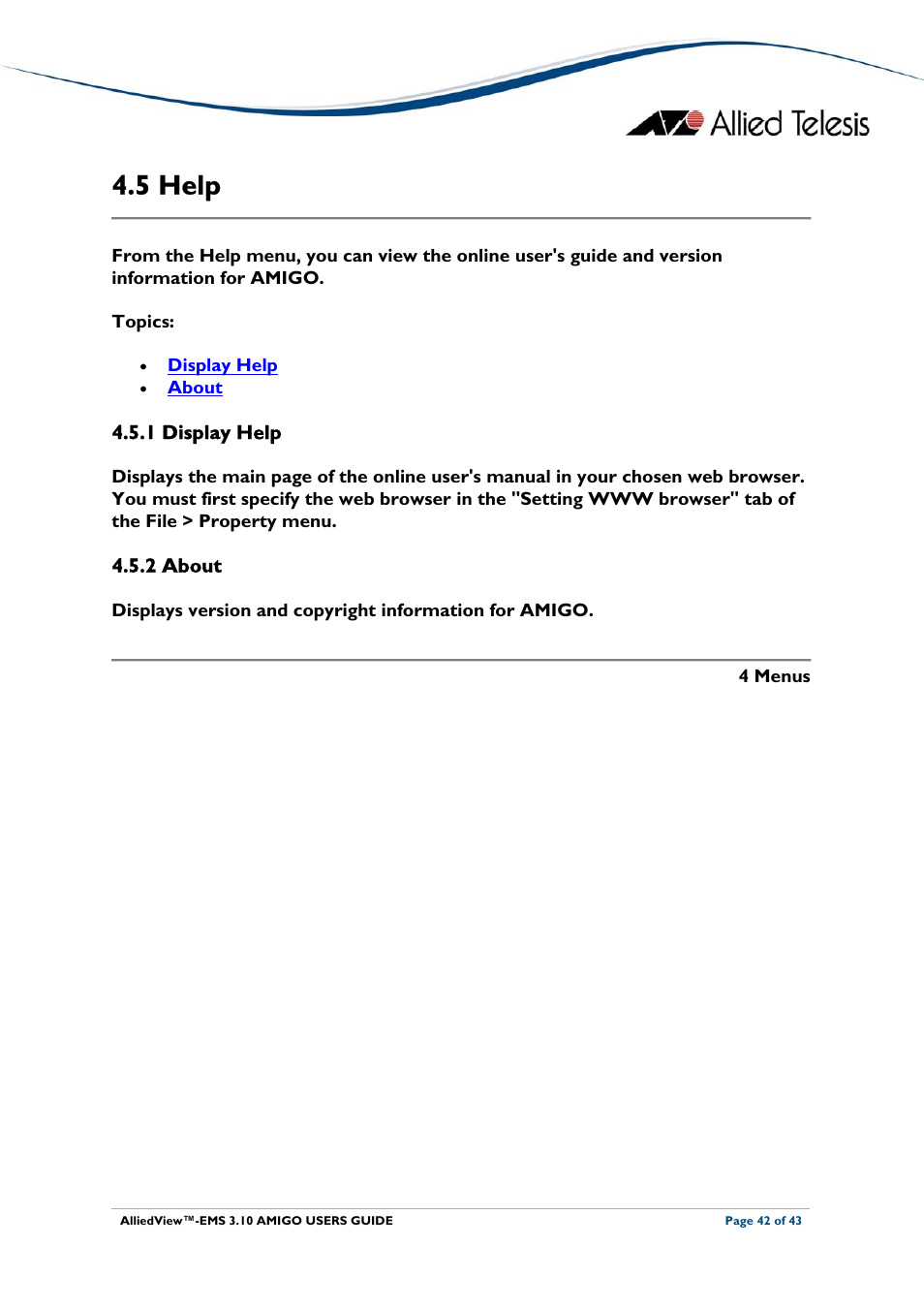 5 help, 1 display help, 2 about | 1 display help 4.5.2 about, Help | Allied Telesis AlliedView-EMS 3.10 AMIGO User Manual | Page 42 / 43
