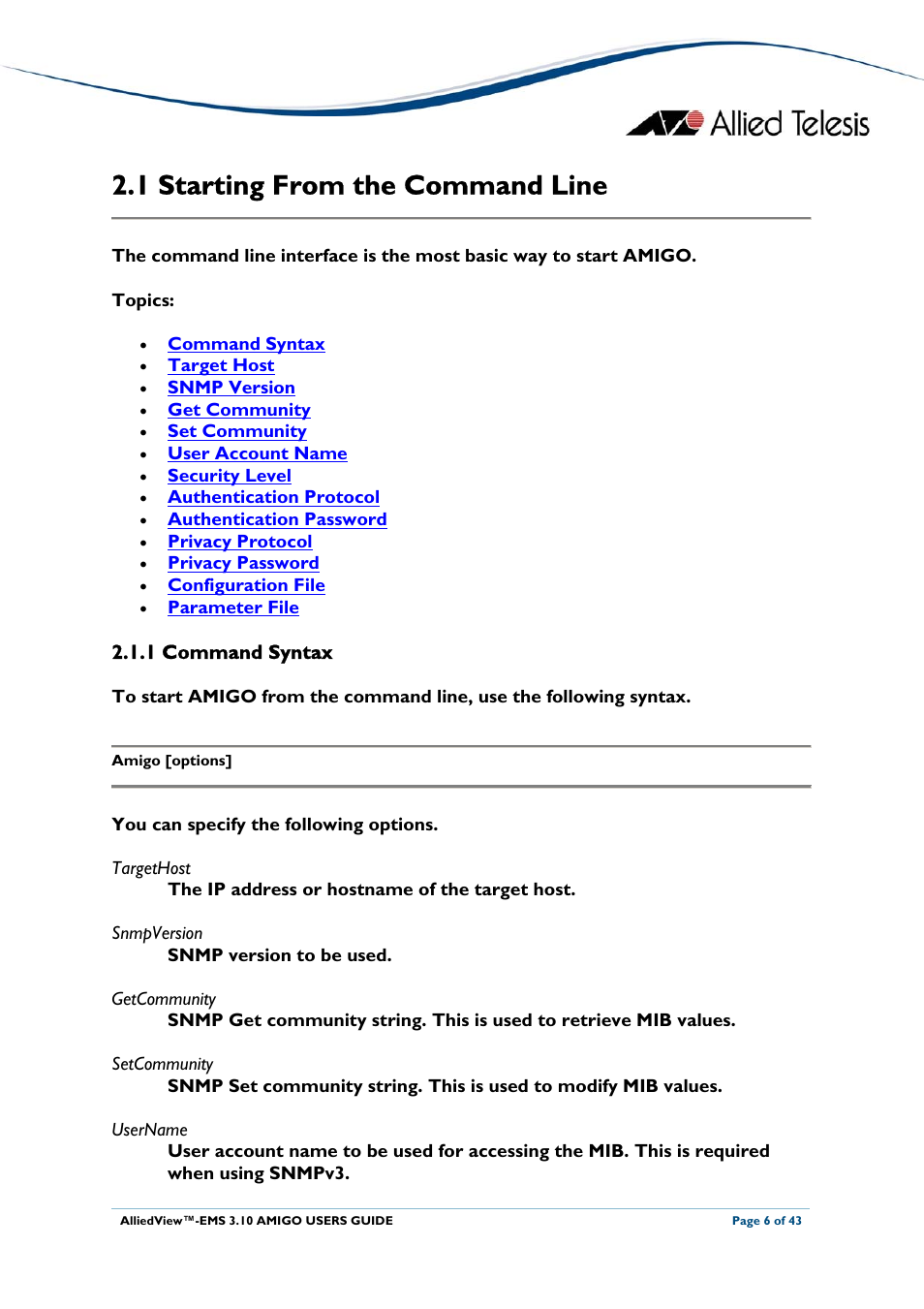 1 starting from the command line, 1 command syntax, Tarting | Rom the, Ommand, Starting from the command line | Allied Telesis AlliedView-EMS 3.10 AMIGO User Manual | Page 6 / 43