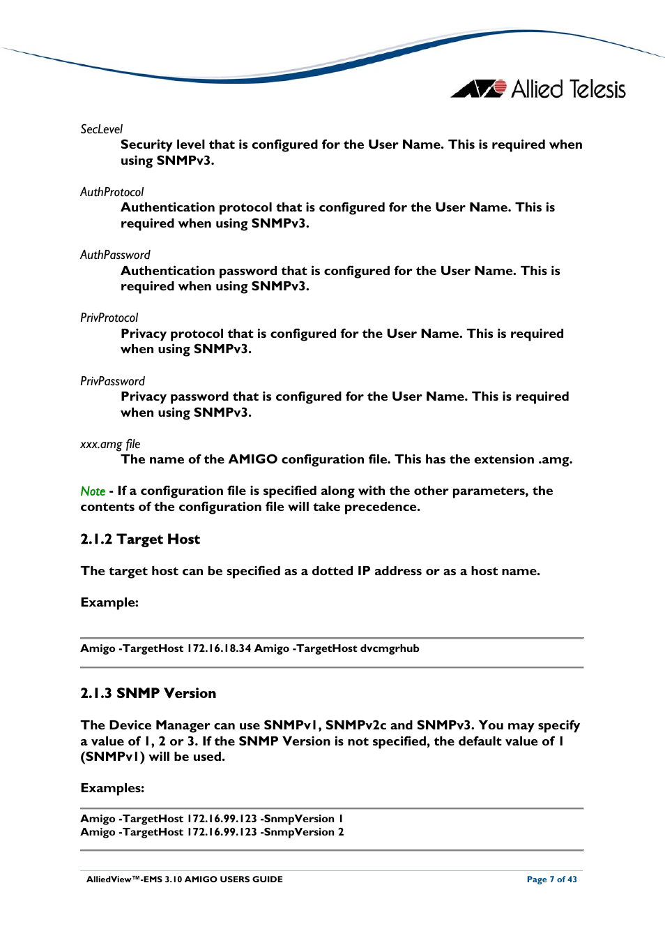 2 target host, 3 snmp version, 2 target host 2.1.3 snmp version | Target host, Snmp version | Allied Telesis AlliedView-EMS 3.10 AMIGO User Manual | Page 7 / 43