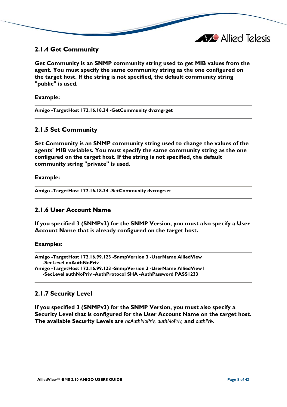 4 get community, 5 set community, 6 user account name | 7 security level, 4 get community 2.1.5 set community, 6 user account name 2.1.7 security level, Get community, Set community, User account name, Security level | Allied Telesis AlliedView-EMS 3.10 AMIGO User Manual | Page 8 / 43