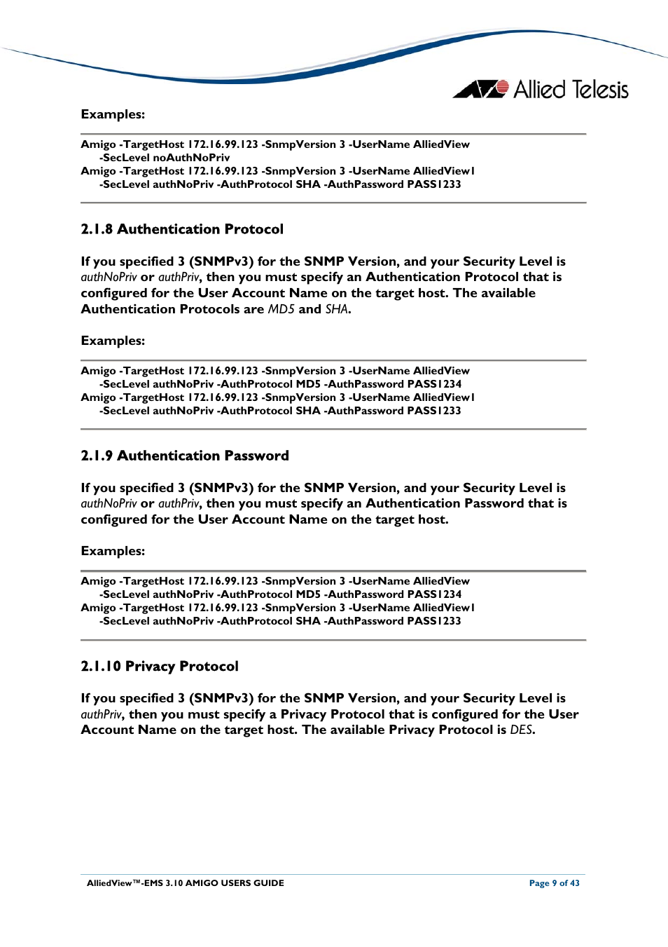 8 authentication protocol, 9 authentication password, 10 privacy protocol | Authentication protocol, Authentication password, Privacy protocol | Allied Telesis AlliedView-EMS 3.10 AMIGO User Manual | Page 9 / 43