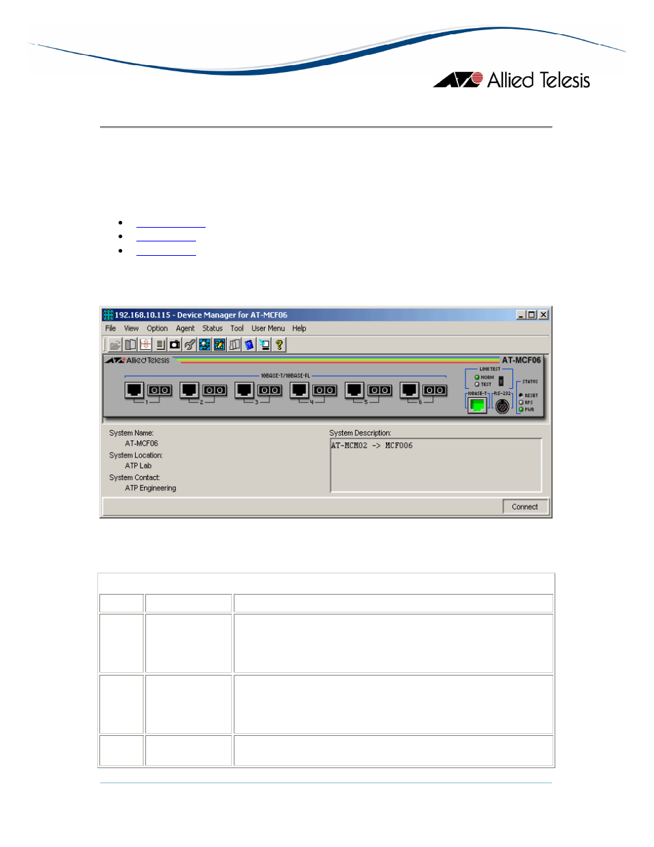 Main window, At-mcf06 family | Allied Telesis AlliedView-EMS 3.10 DEVICE MANAGEMENT User Manual | Page 299 / 367