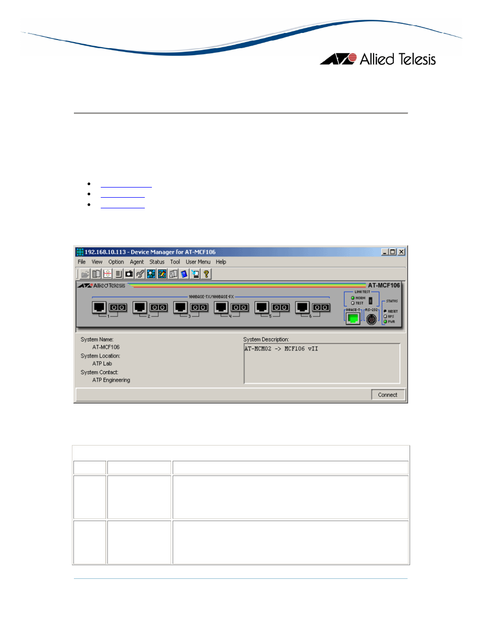 Main window, At-mcf106 family | Allied Telesis AlliedView-EMS 3.10 DEVICE MANAGEMENT User Manual | Page 305 / 367