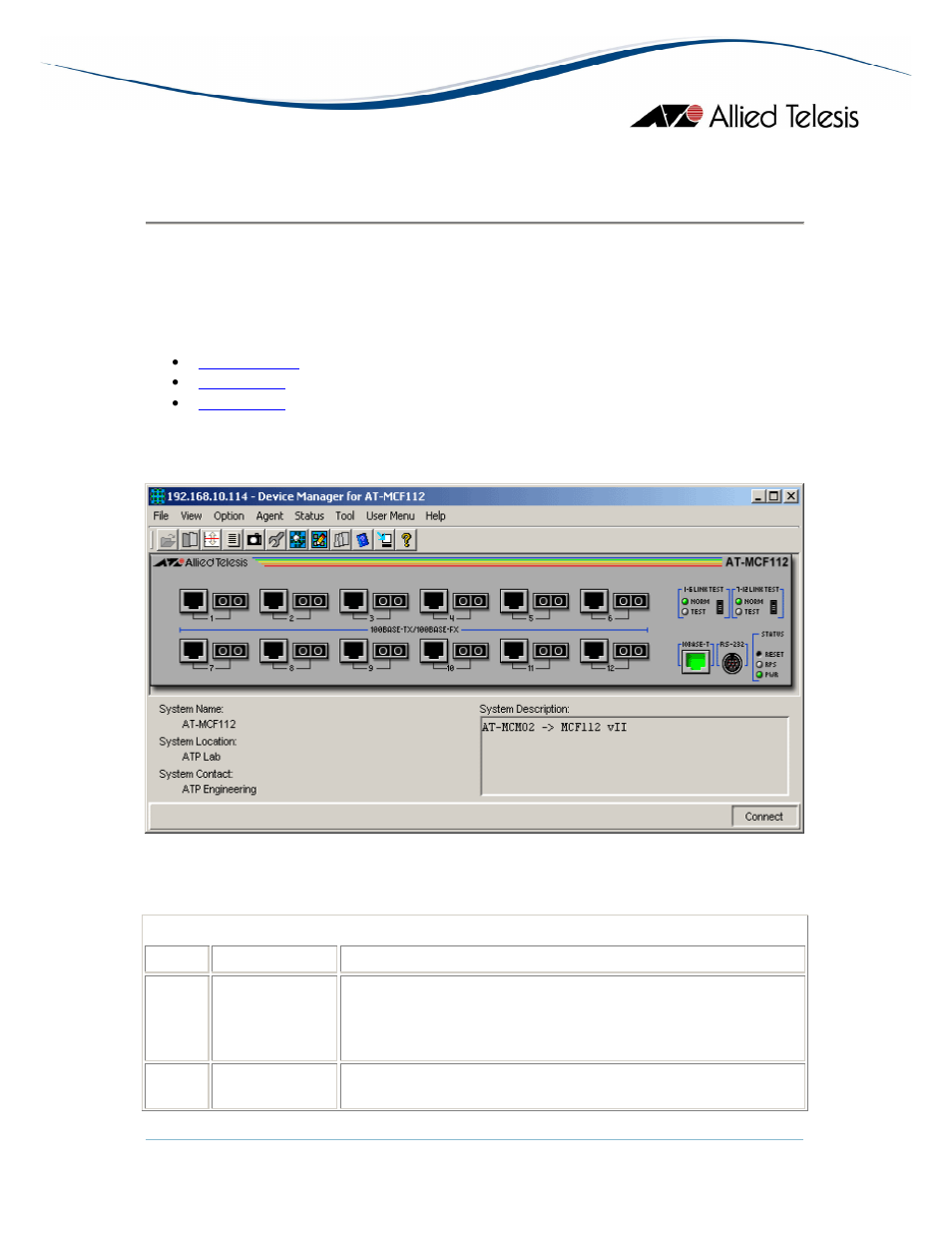 Main window, At-mcf112 family | Allied Telesis AlliedView-EMS 3.10 DEVICE MANAGEMENT User Manual | Page 308 / 367