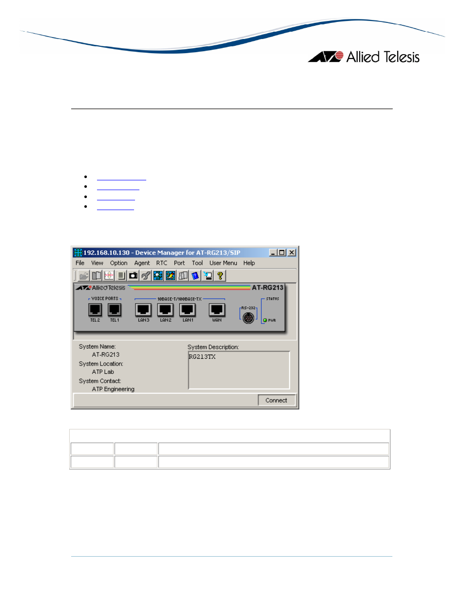 Main window, Agent menu, At-rg213 family | Allied Telesis AlliedView-EMS 3.10 DEVICE MANAGEMENT User Manual | Page 326 / 367