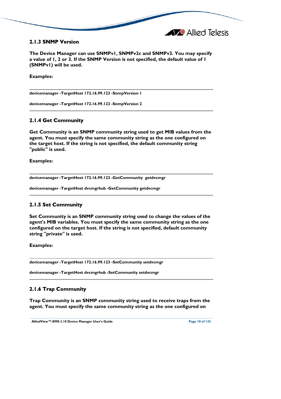 3 snmp version, 4 get community, 5 set community | 6 trap community, Deleted, Snmp version, Get community, Set community, Trap community | Allied Telesis AlliedView-EMS 3.10 DEVICE MANAGER User Manual | Page 10 / 133