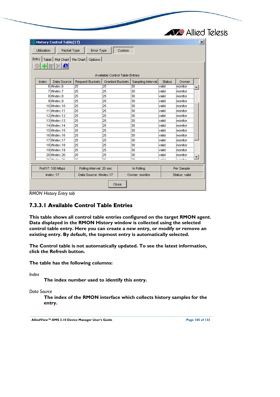 1 available control table entries, Available control table entries | Allied Telesis AlliedView-EMS 3.10 DEVICE MANAGER User Manual | Page 105 / 133