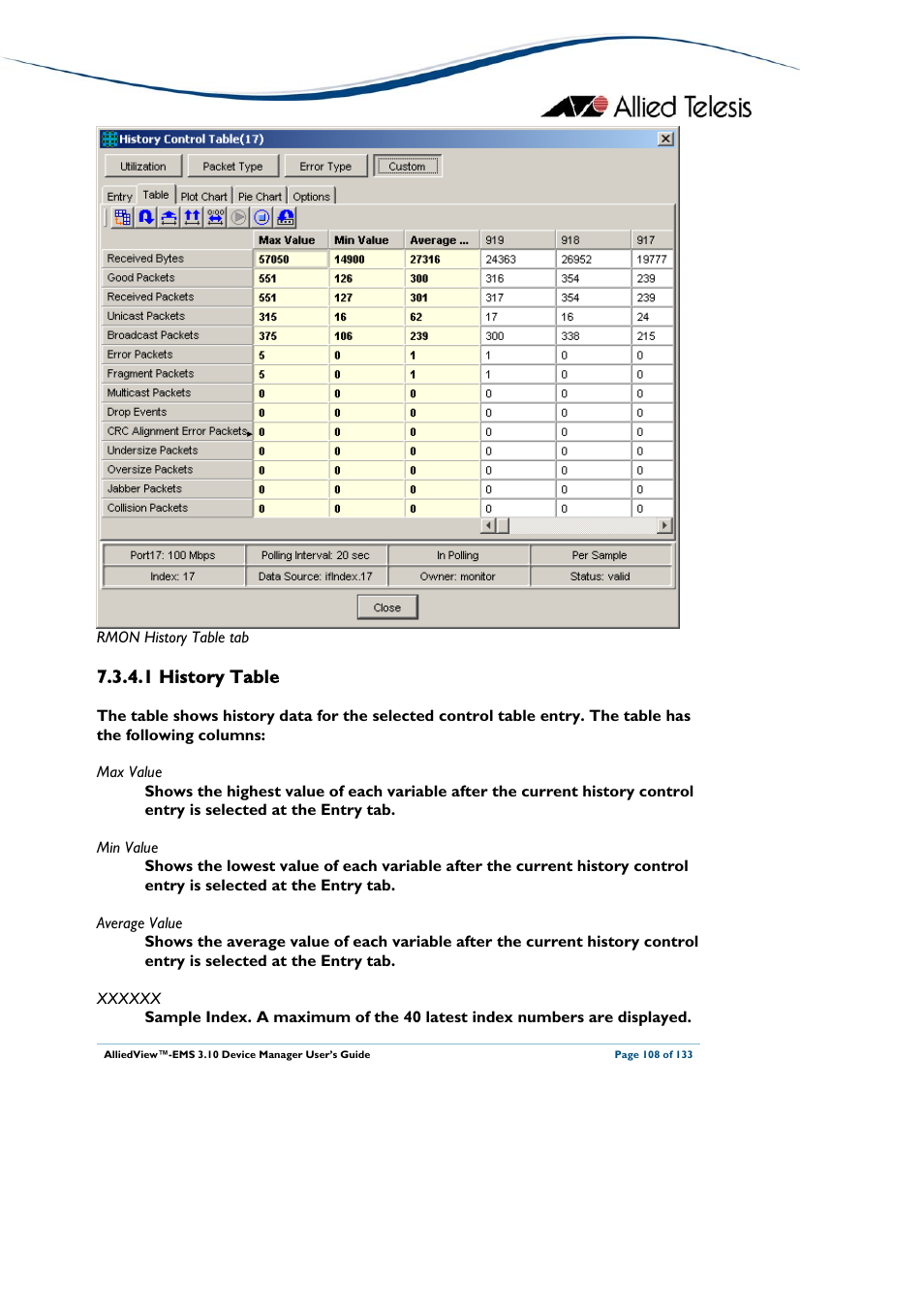 1 history table, History table | Allied Telesis AlliedView-EMS 3.10 DEVICE MANAGER User Manual | Page 108 / 133