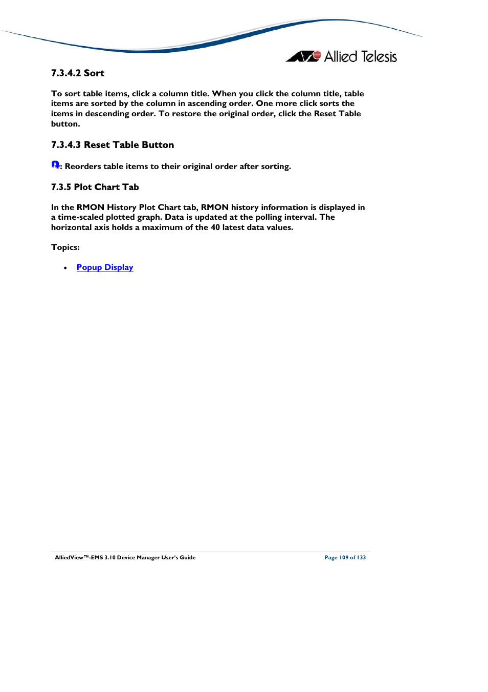 2 sort, 3 reset table button, 5 plot chart tab | Deleted, Plot chart tab, Sort, Reset table button | Allied Telesis AlliedView-EMS 3.10 DEVICE MANAGER User Manual | Page 109 / 133