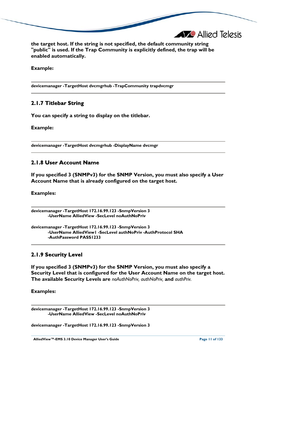 7 titlebar string, 8 user account name, 9 security level | Titlebar string, User account name, Security level | Allied Telesis AlliedView-EMS 3.10 DEVICE MANAGER User Manual | Page 11 / 133