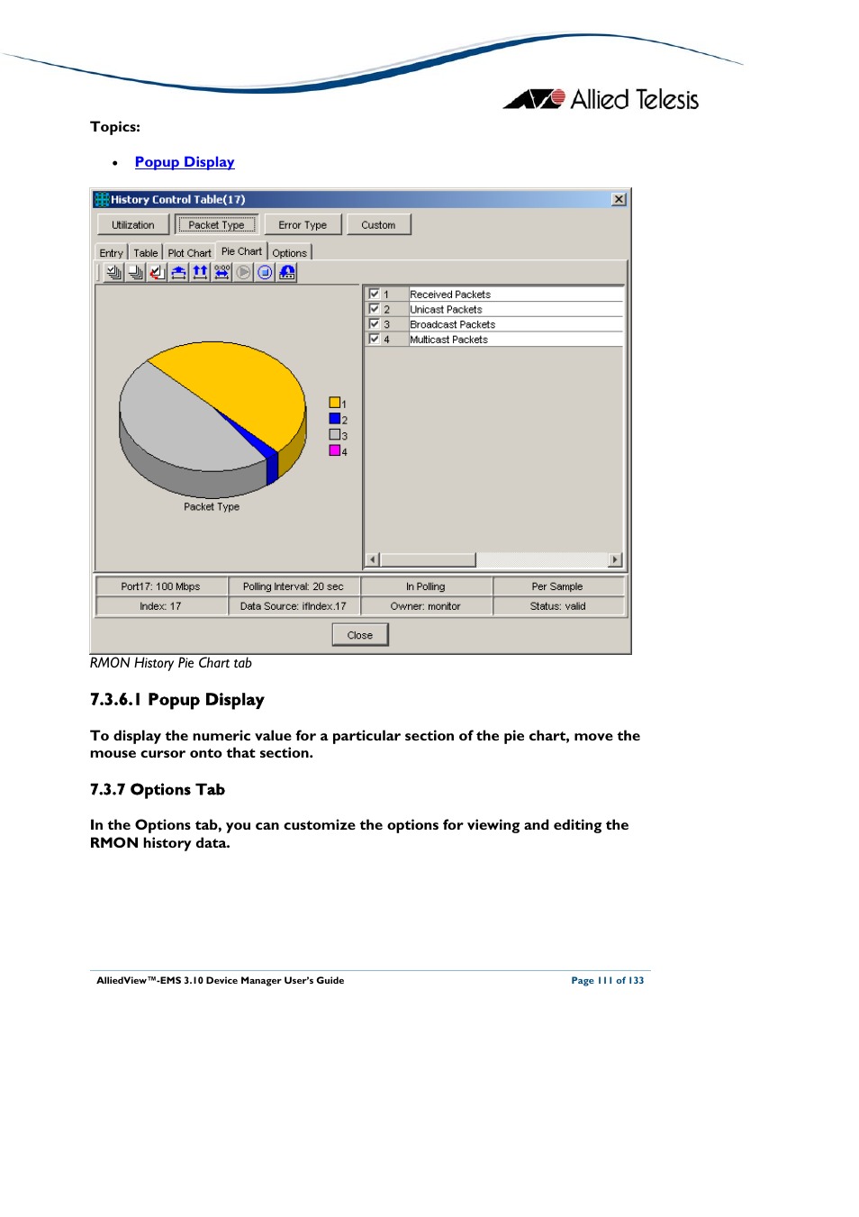 1 popup display, 7 options tab, Deleted | Options tab | Allied Telesis AlliedView-EMS 3.10 DEVICE MANAGER User Manual | Page 111 / 133