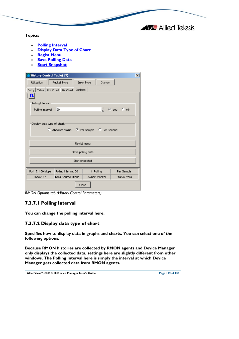 1 polling interval, 2 display data type of chart | Allied Telesis AlliedView-EMS 3.10 DEVICE MANAGER User Manual | Page 112 / 133