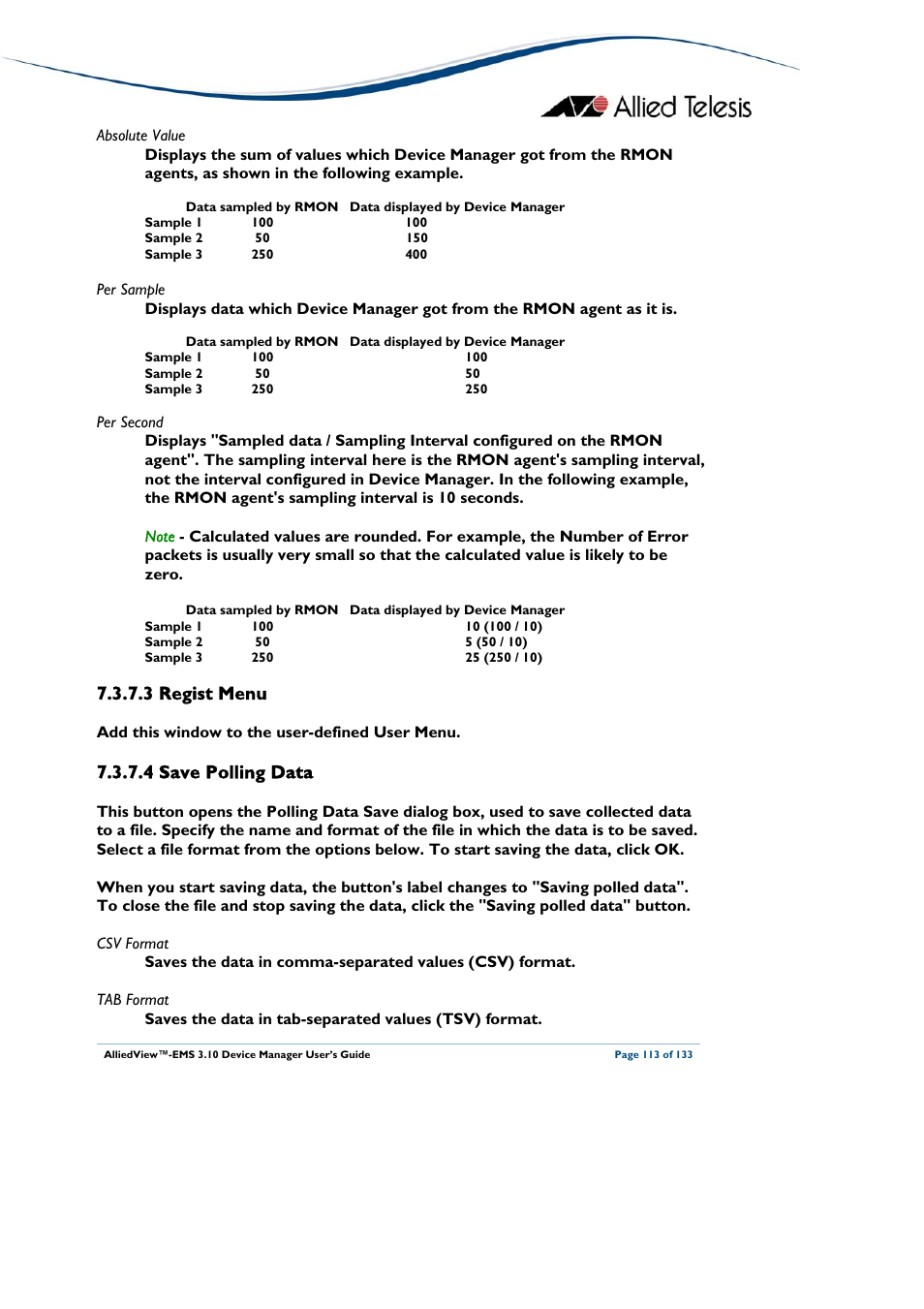 3 regist menu, 4 save polling data, Regist menu | Save polling data | Allied Telesis AlliedView-EMS 3.10 DEVICE MANAGER User Manual | Page 113 / 133