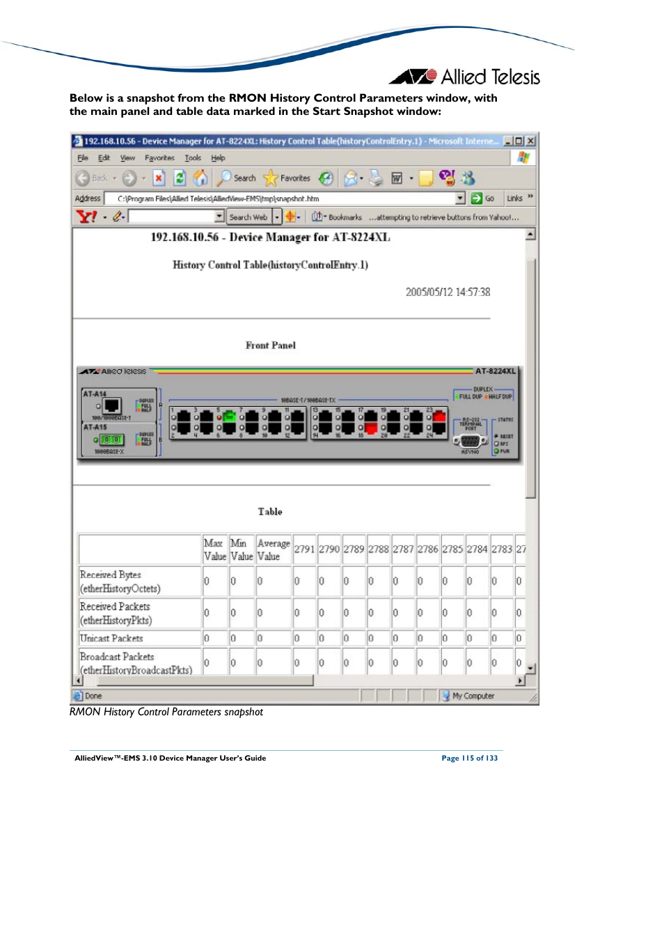 Rmon history control parameters snapshot | Allied Telesis AlliedView-EMS 3.10 DEVICE MANAGER User Manual | Page 115 / 133