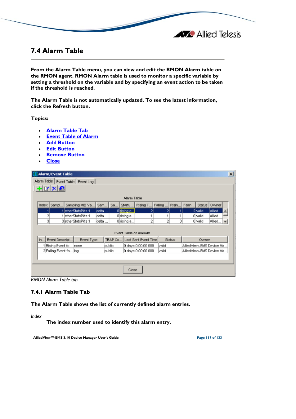 4 alarm table, 1 alarm table tab, Larm | Able, Deleted, Alarm table | Allied Telesis AlliedView-EMS 3.10 DEVICE MANAGER User Manual | Page 117 / 133