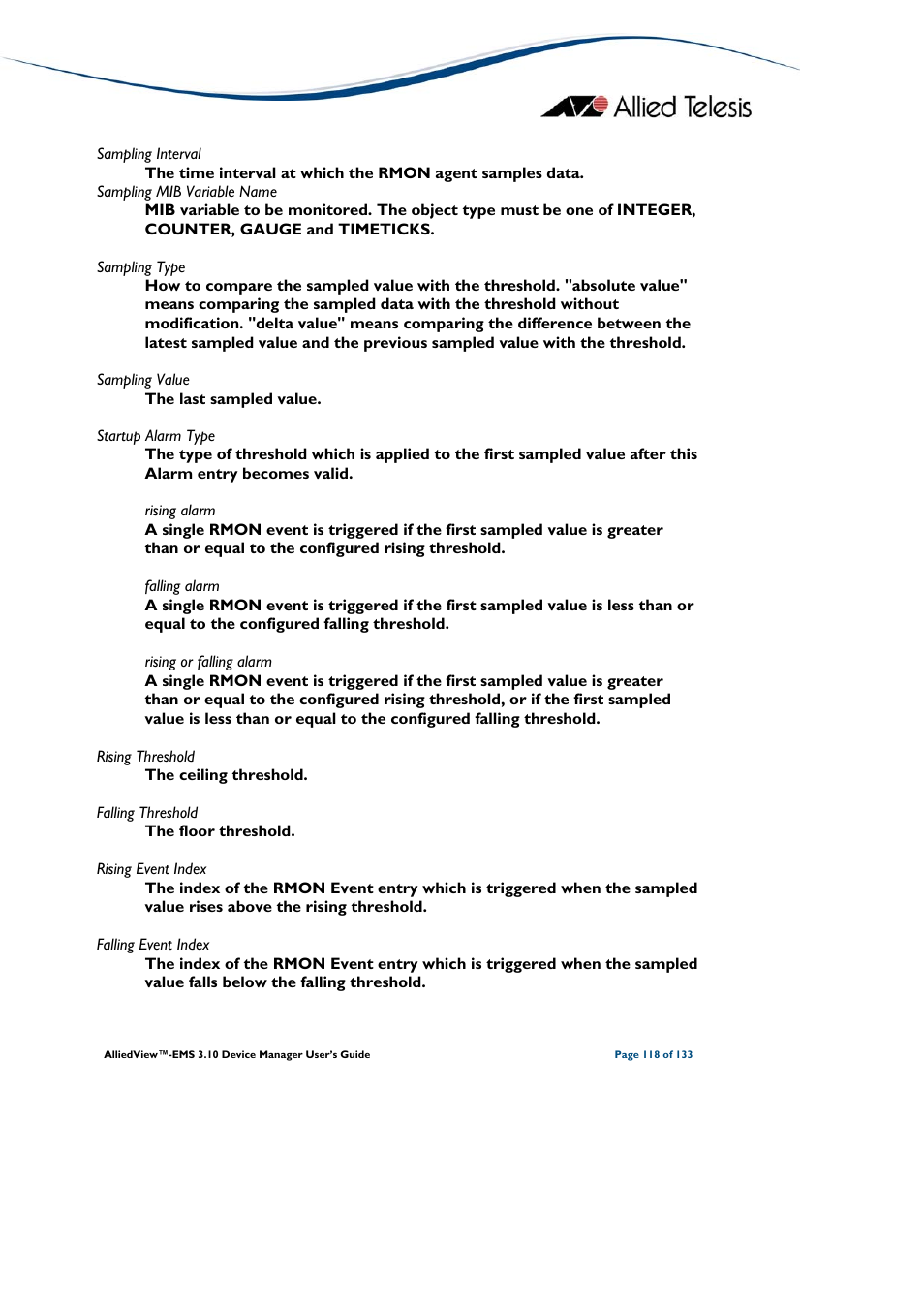 Event table of alarm | Allied Telesis AlliedView-EMS 3.10 DEVICE MANAGER User Manual | Page 118 / 133