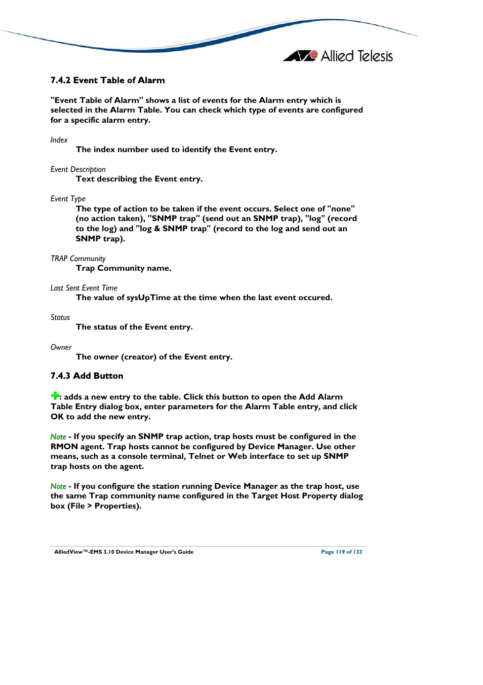 2 event table of alarm, 3 add button, Deleted | Add button | Allied Telesis AlliedView-EMS 3.10 DEVICE MANAGER User Manual | Page 119 / 133