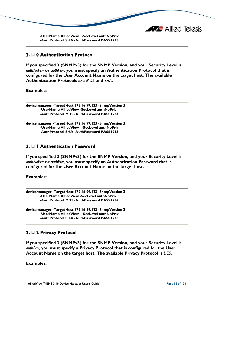 10 authentication protocol, 11 authentication password, 12 privacy protocol | Deleted, Authentication protocol, Authentication password, Privacy protocol | Allied Telesis AlliedView-EMS 3.10 DEVICE MANAGER User Manual | Page 12 / 133