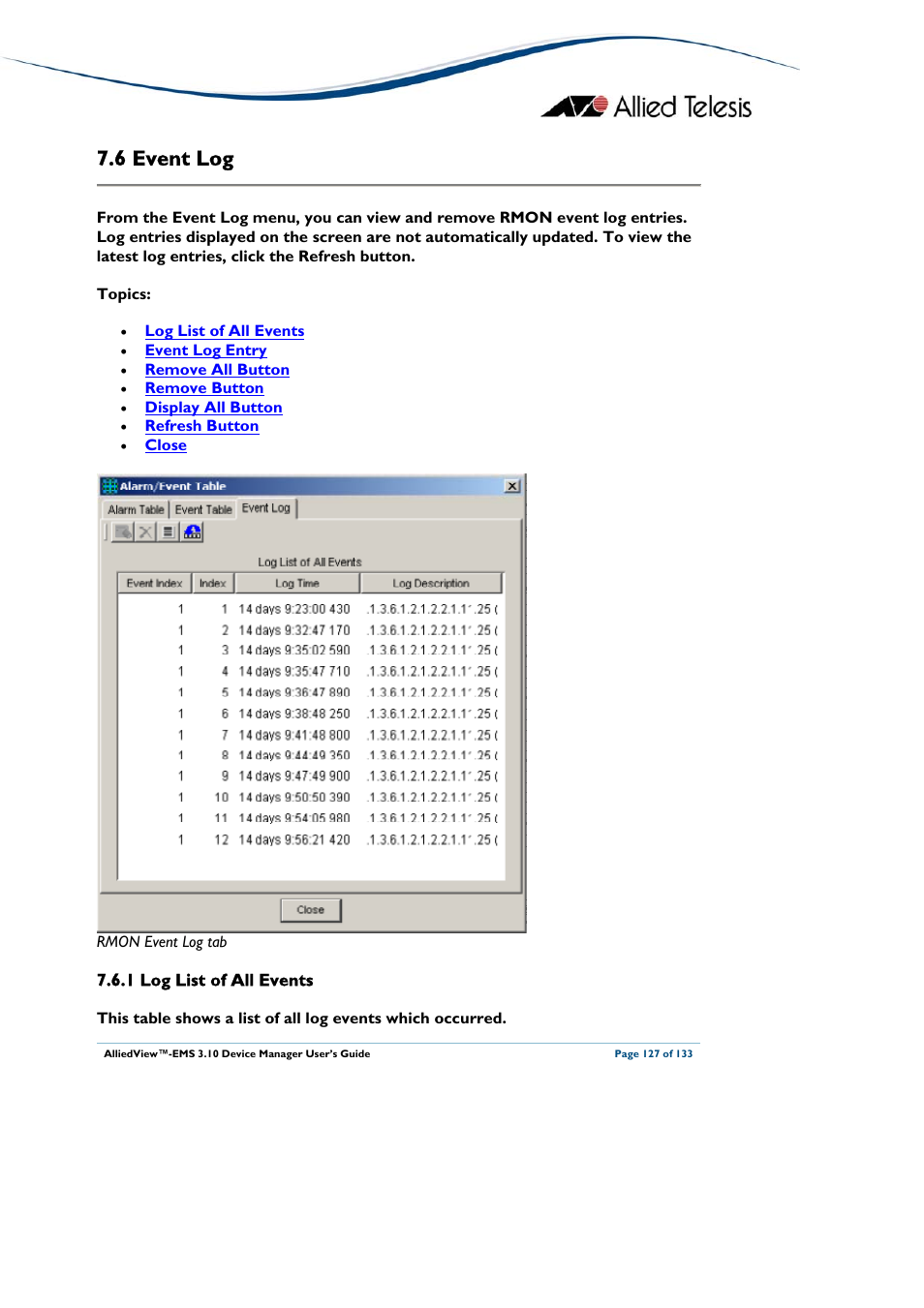 6 event log, 1 log list of all events, Vent | Deleted, Event log | Allied Telesis AlliedView-EMS 3.10 DEVICE MANAGER User Manual | Page 127 / 133