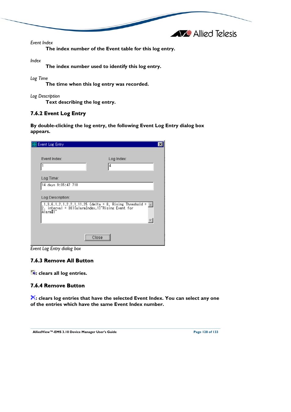 2 event log entry, 3 remove all button, 4 remove button | Deleted, Event log entry, Remove all button, Remove button | Allied Telesis AlliedView-EMS 3.10 DEVICE MANAGER User Manual | Page 128 / 133