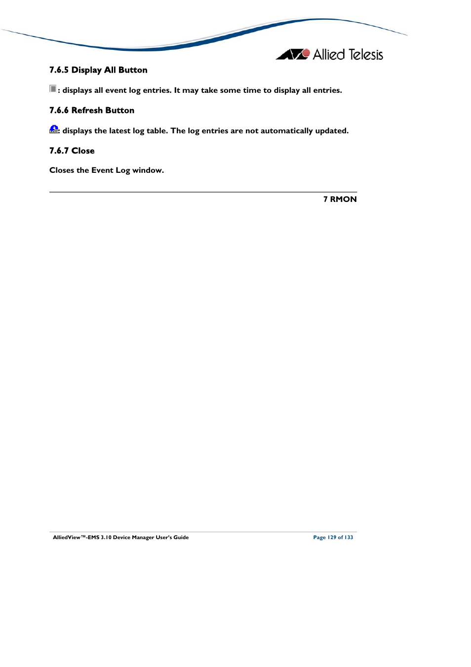 5 display all button, 6 refresh button, 7 close | Deleted, Display all button, Refresh button, Close | Allied Telesis AlliedView-EMS 3.10 DEVICE MANAGER User Manual | Page 129 / 133