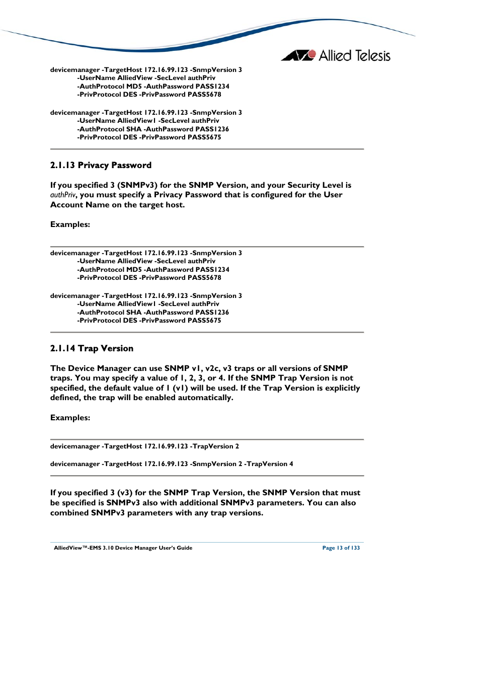 13 privacy password, 14 trap version, Privacy password | Trap version | Allied Telesis AlliedView-EMS 3.10 DEVICE MANAGER User Manual | Page 13 / 133