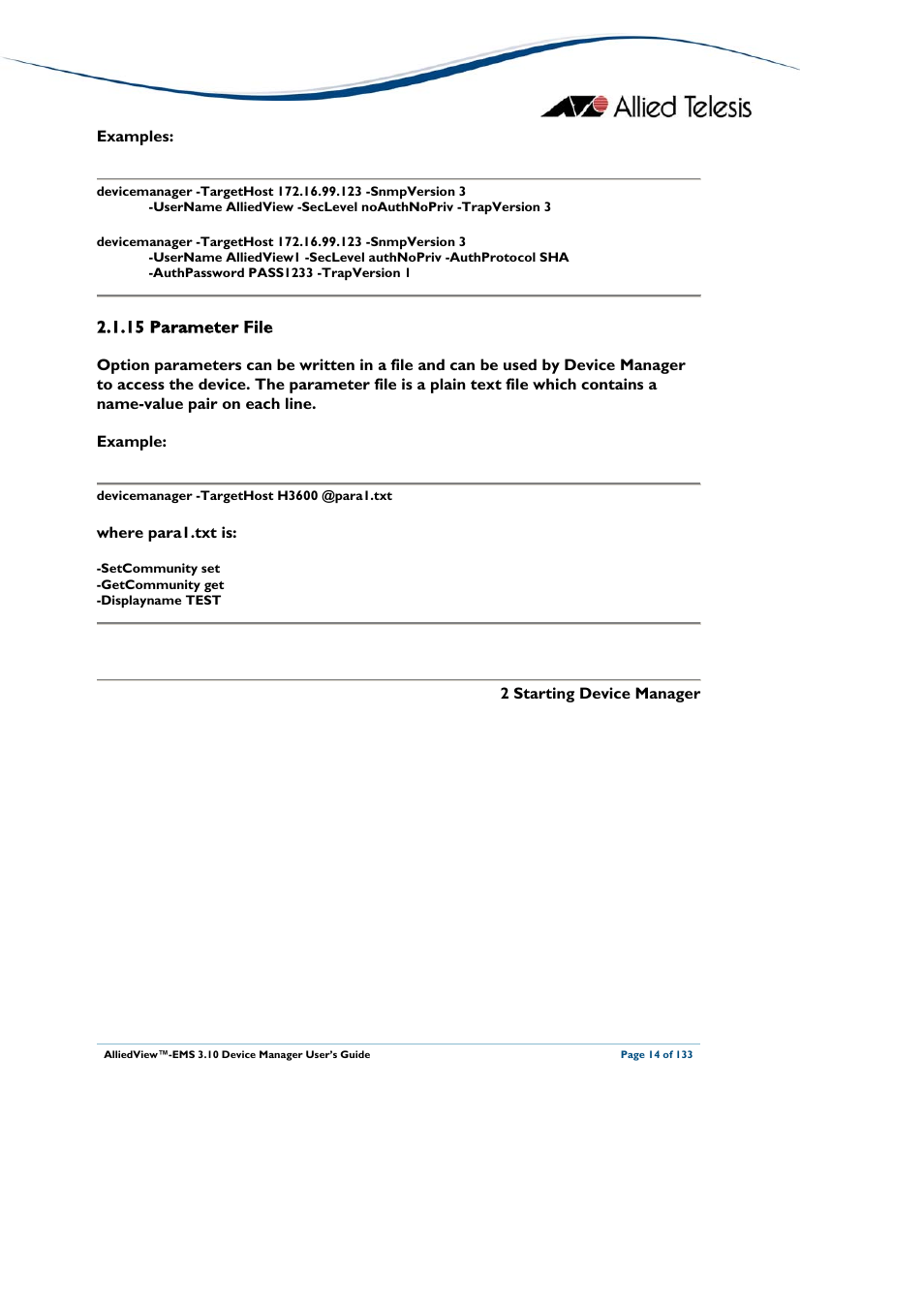 15 parameter file, Parameter file | Allied Telesis AlliedView-EMS 3.10 DEVICE MANAGER User Manual | Page 14 / 133