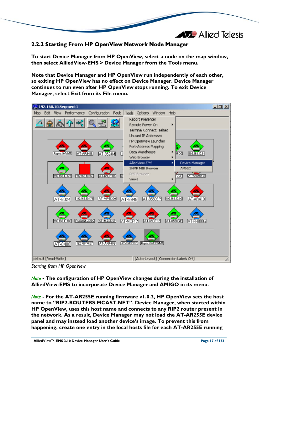 2 starting from hp openview network node manager, Starting from hp openview network node manager | Allied Telesis AlliedView-EMS 3.10 DEVICE MANAGER User Manual | Page 17 / 133