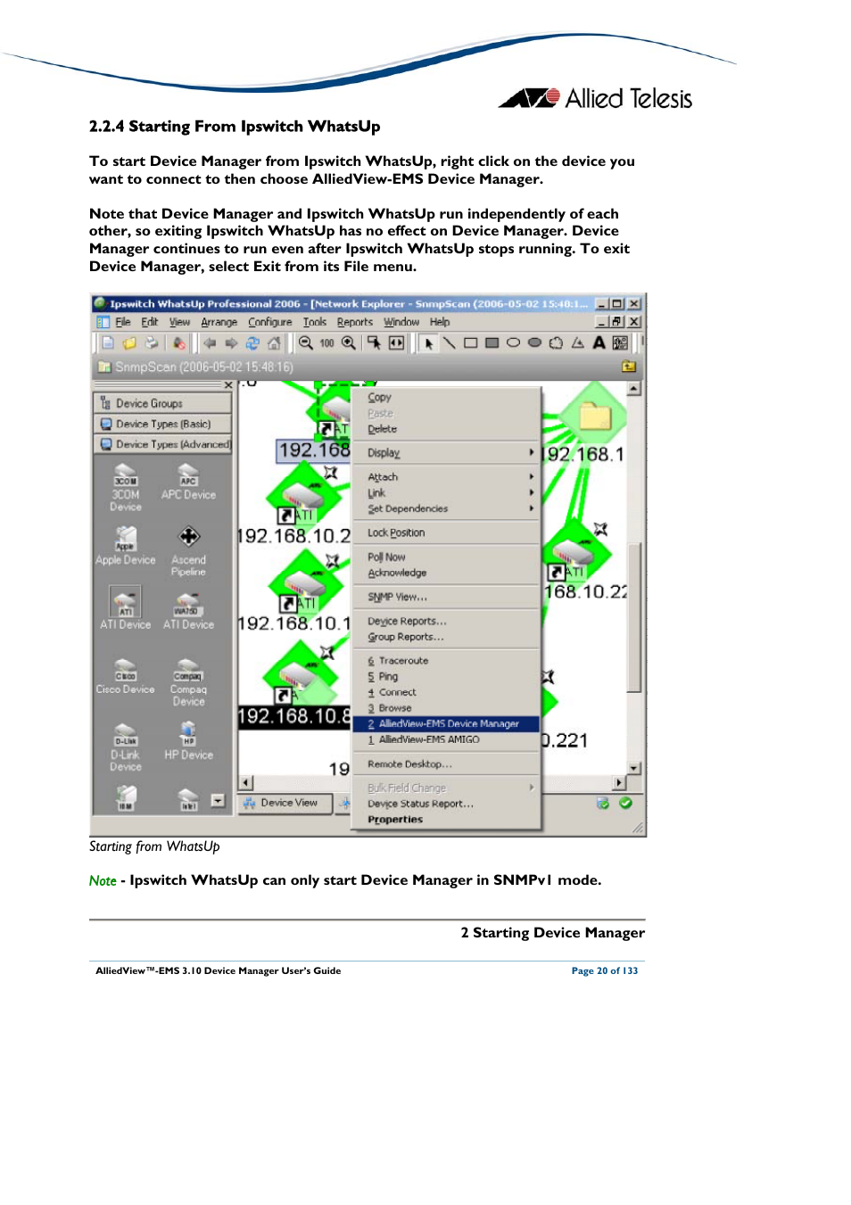 4 starting from ipswitch whatsup, Starting from ipswitch whatsup | Allied Telesis AlliedView-EMS 3.10 DEVICE MANAGER User Manual | Page 20 / 133