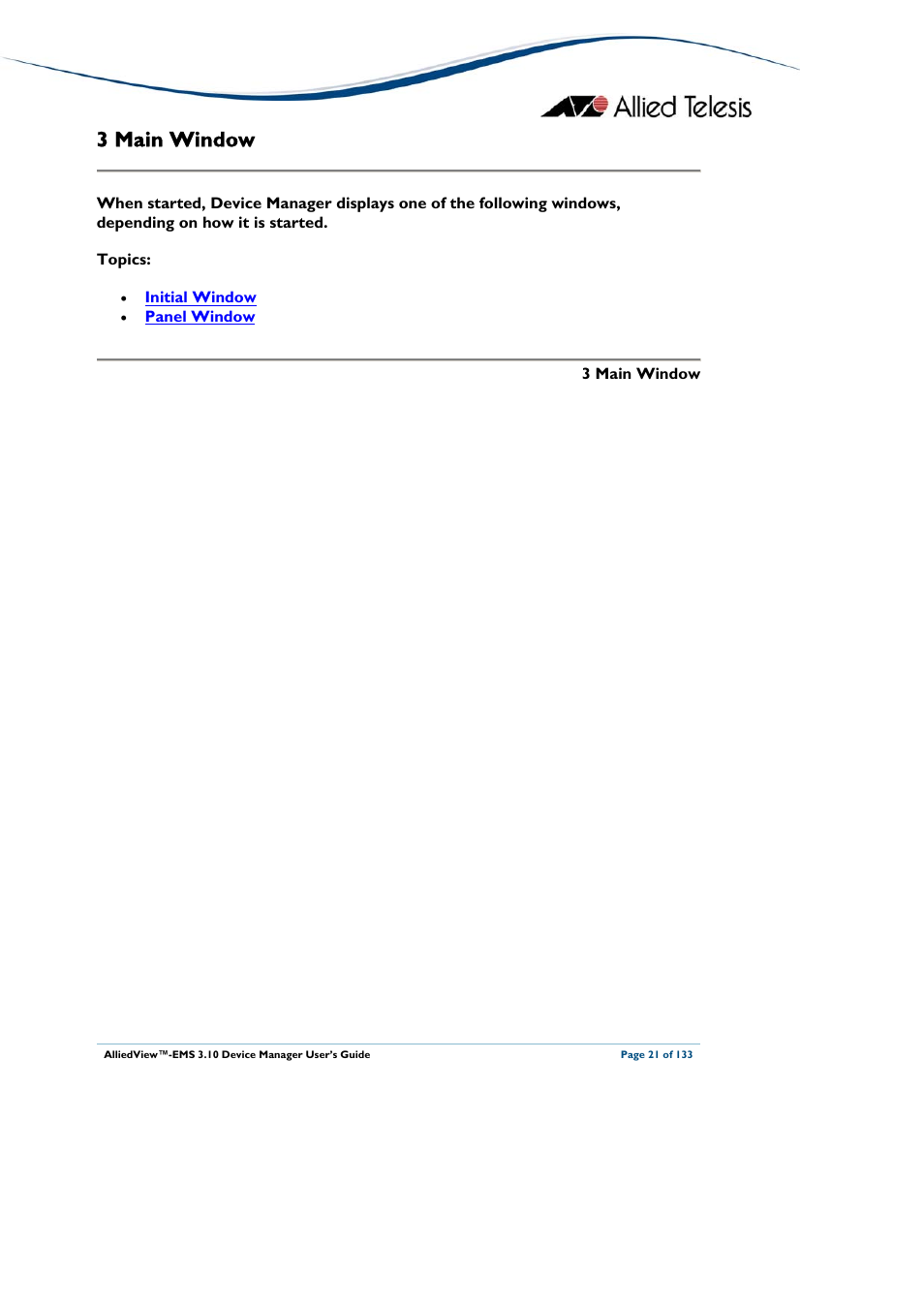 3 main window, Main window | Allied Telesis AlliedView-EMS 3.10 DEVICE MANAGER User Manual | Page 21 / 133