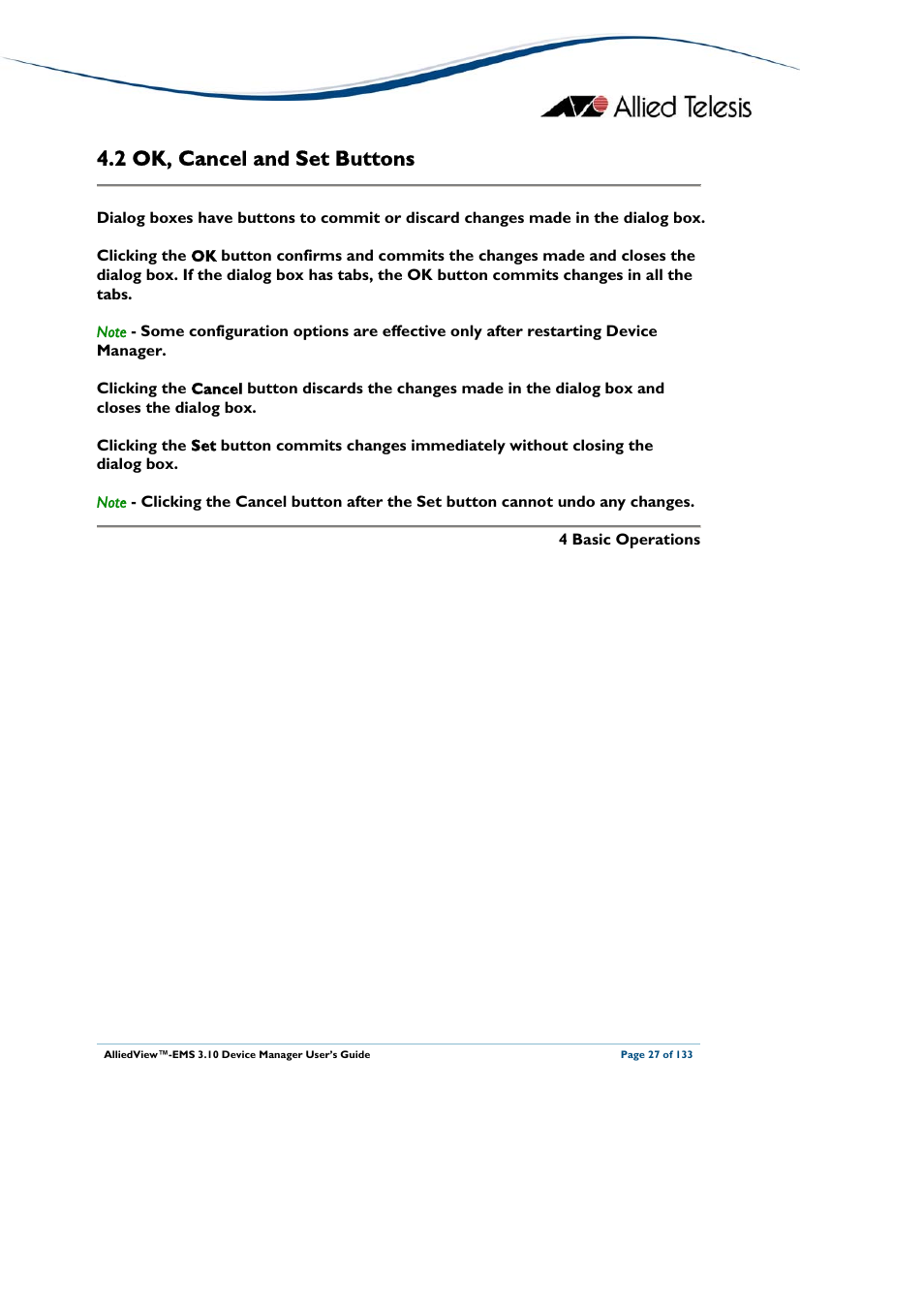 2 ok, cancel and set buttons, Ancel and, Uttons | Ok, cancel and set buttons | Allied Telesis AlliedView-EMS 3.10 DEVICE MANAGER User Manual | Page 27 / 133