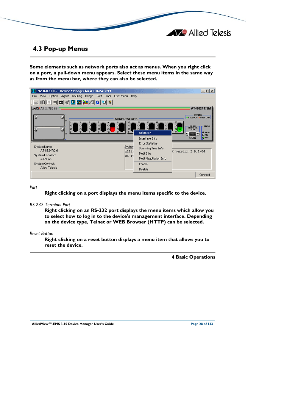 3 pop-up menus, Enus, Pop-up menus | Allied Telesis AlliedView-EMS 3.10 DEVICE MANAGER User Manual | Page 28 / 133