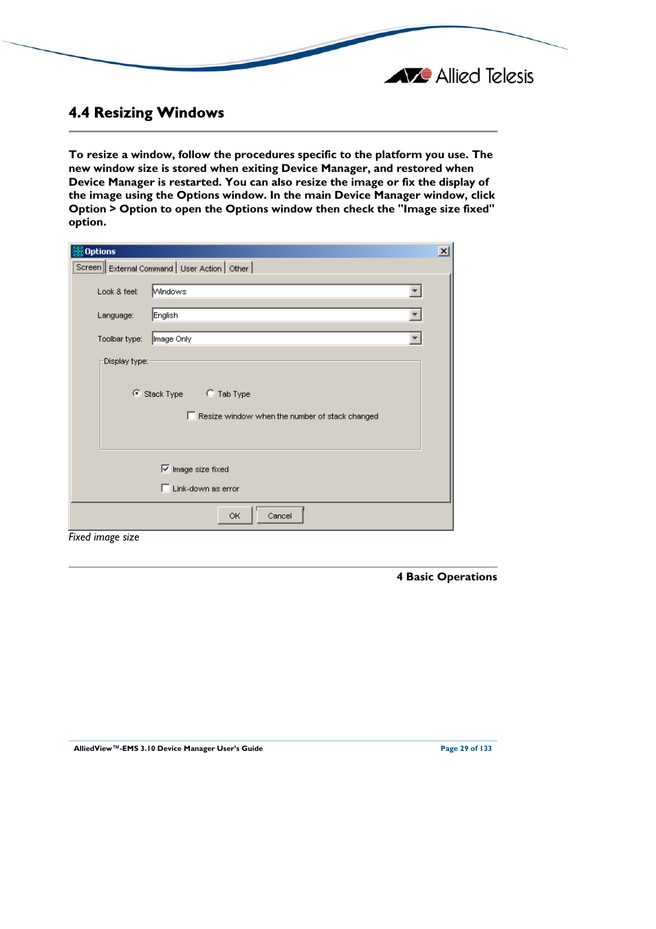4 resizing windows, Esizing, Indows | Resizing windows | Allied Telesis AlliedView-EMS 3.10 DEVICE MANAGER User Manual | Page 29 / 133