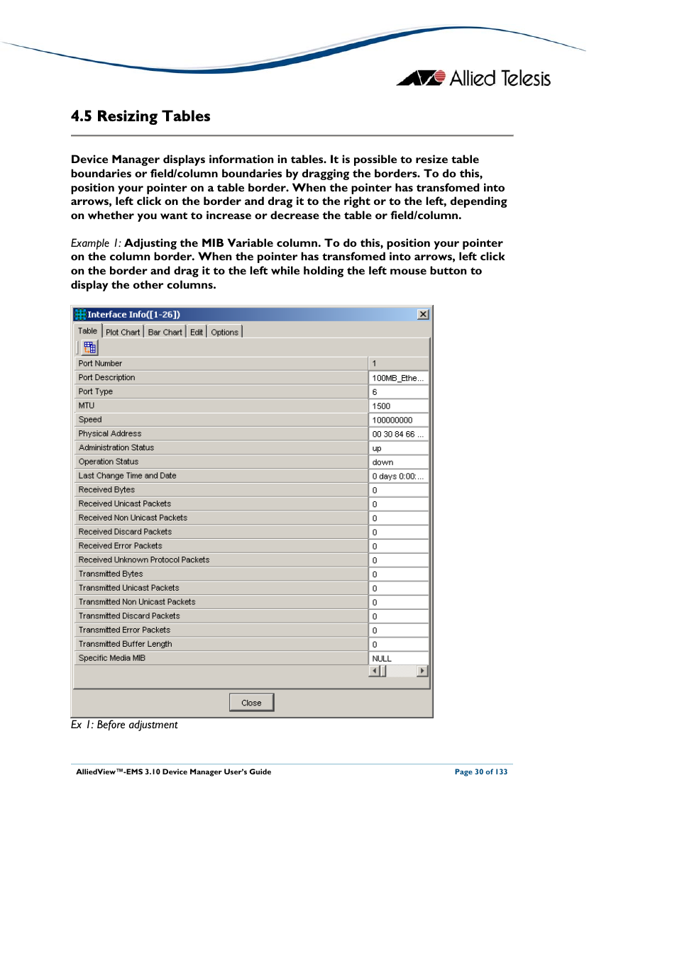 5 resizing tables, Esizing, Ables | Resizing tables | Allied Telesis AlliedView-EMS 3.10 DEVICE MANAGER User Manual | Page 30 / 133