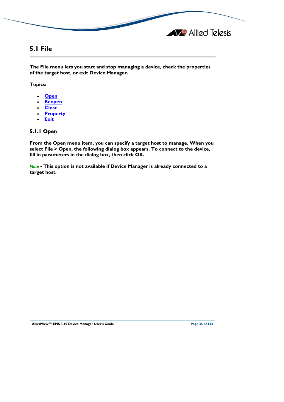 1 file, 1 open, File | Allied Telesis AlliedView-EMS 3.10 DEVICE MANAGER User Manual | Page 35 / 133