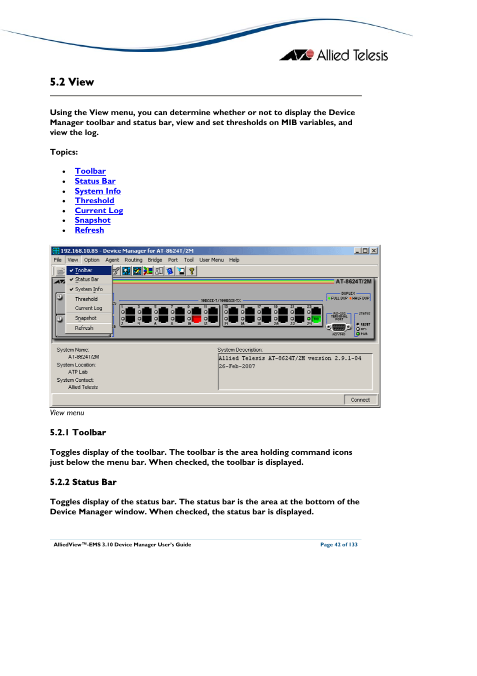2 view, 1 toolbar, 2 status bar | View | Allied Telesis AlliedView-EMS 3.10 DEVICE MANAGER User Manual | Page 42 / 133