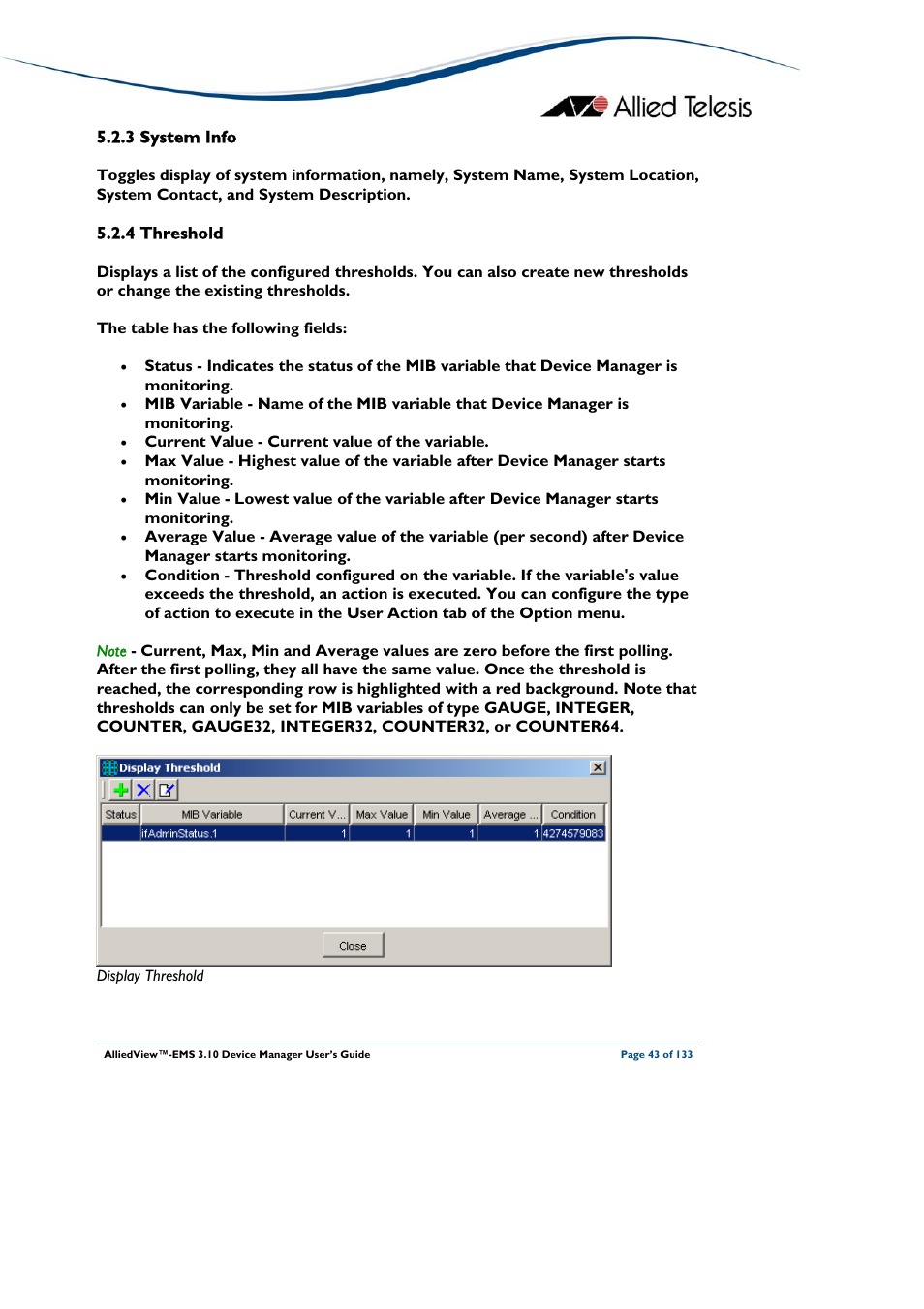 3 system info, 4 threshold, System info | Threshold | Allied Telesis AlliedView-EMS 3.10 DEVICE MANAGER User Manual | Page 43 / 133