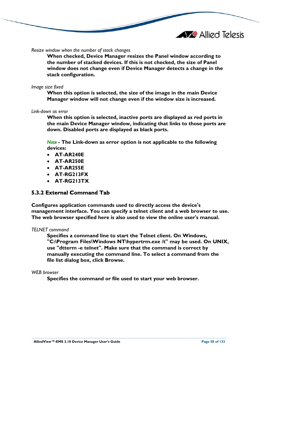 2 external command tab, External command tab | Allied Telesis AlliedView-EMS 3.10 DEVICE MANAGER User Manual | Page 50 / 133