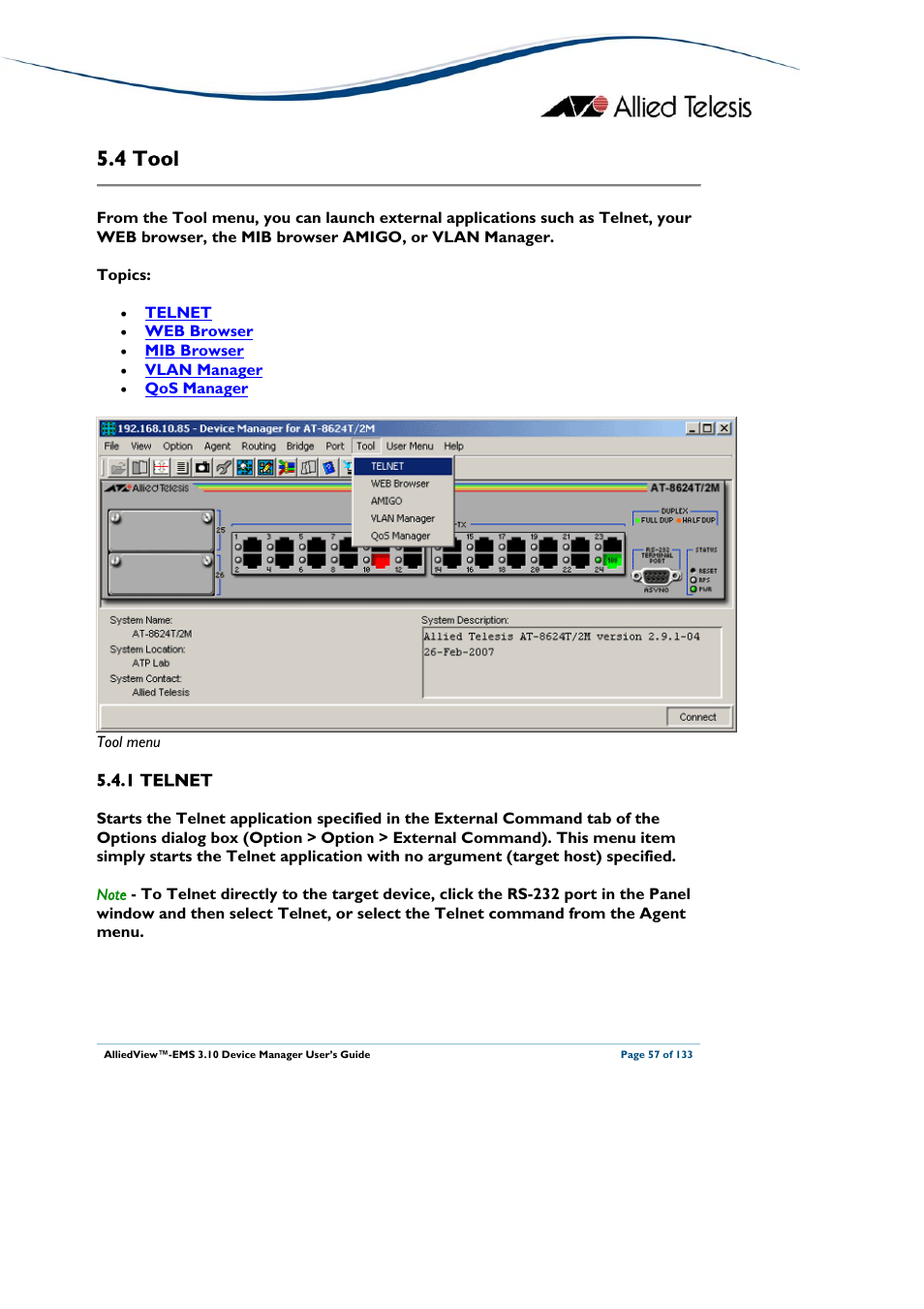 4 tool, 1 telnet, Tool | Allied Telesis AlliedView-EMS 3.10 DEVICE MANAGER User Manual | Page 57 / 133