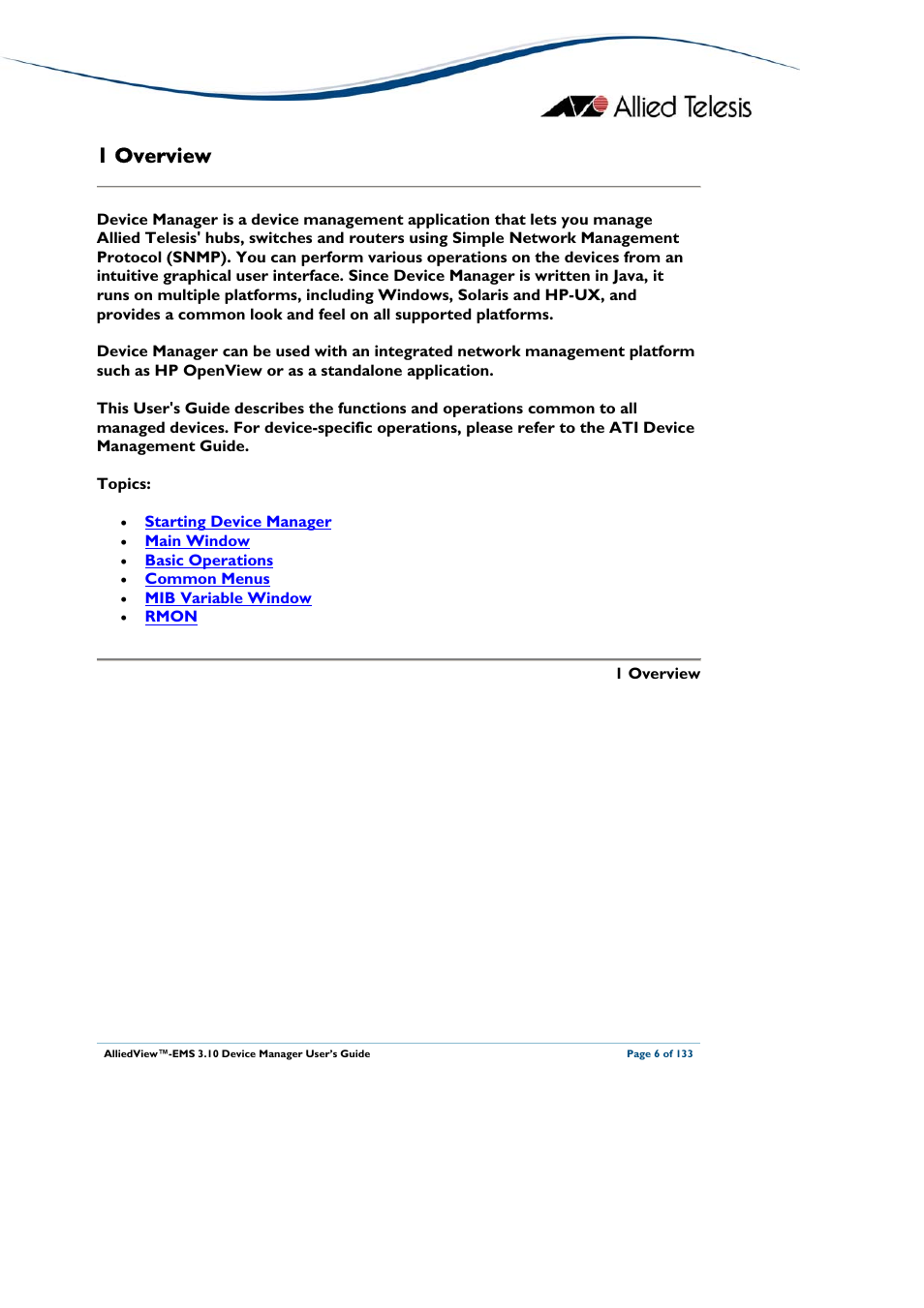 1 overview | Allied Telesis AlliedView-EMS 3.10 DEVICE MANAGER User Manual | Page 6 / 133