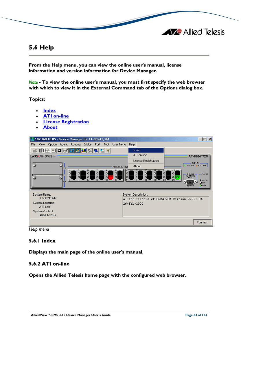 6 help, 1 index, 2 ati on-line | Help | Allied Telesis AlliedView-EMS 3.10 DEVICE MANAGER User Manual | Page 64 / 133