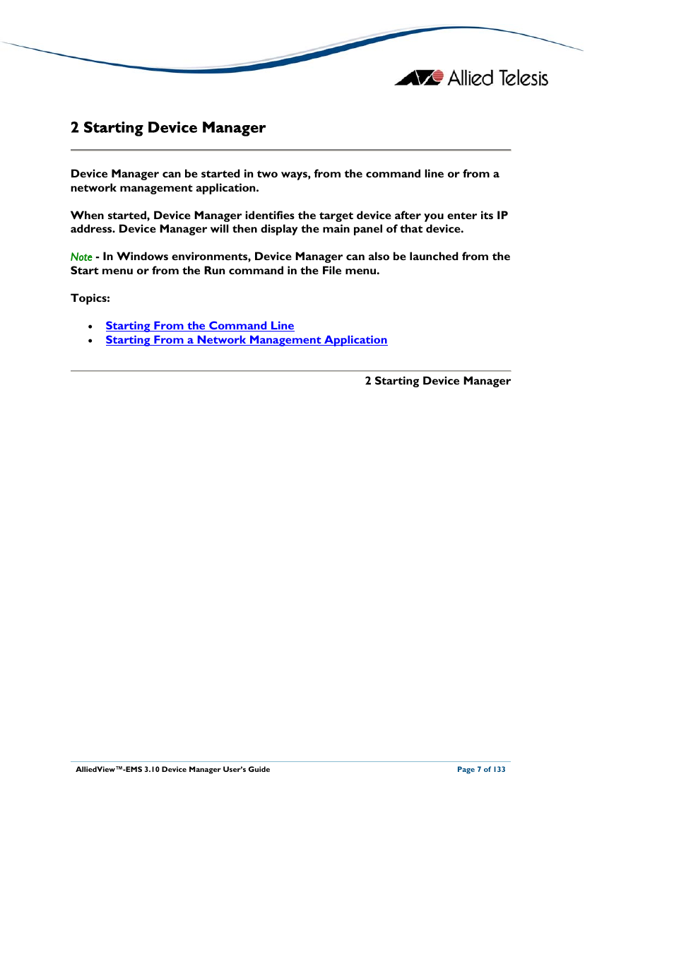 2 starting device manager, Starting device manager | Allied Telesis AlliedView-EMS 3.10 DEVICE MANAGER User Manual | Page 7 / 133