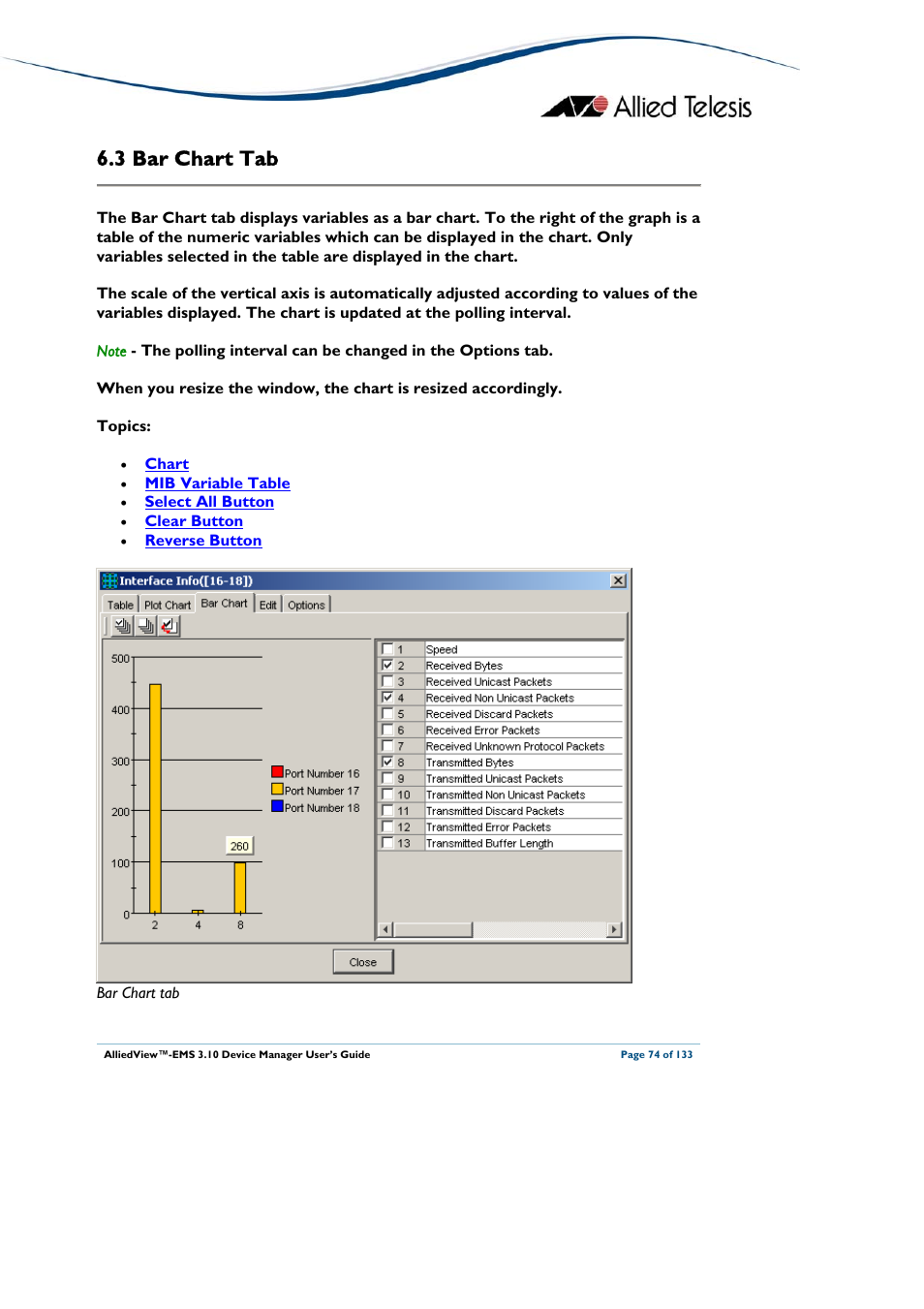 3 bar chart tab, Hart, Deleted | Bar chart tab | Allied Telesis AlliedView-EMS 3.10 DEVICE MANAGER User Manual | Page 74 / 133