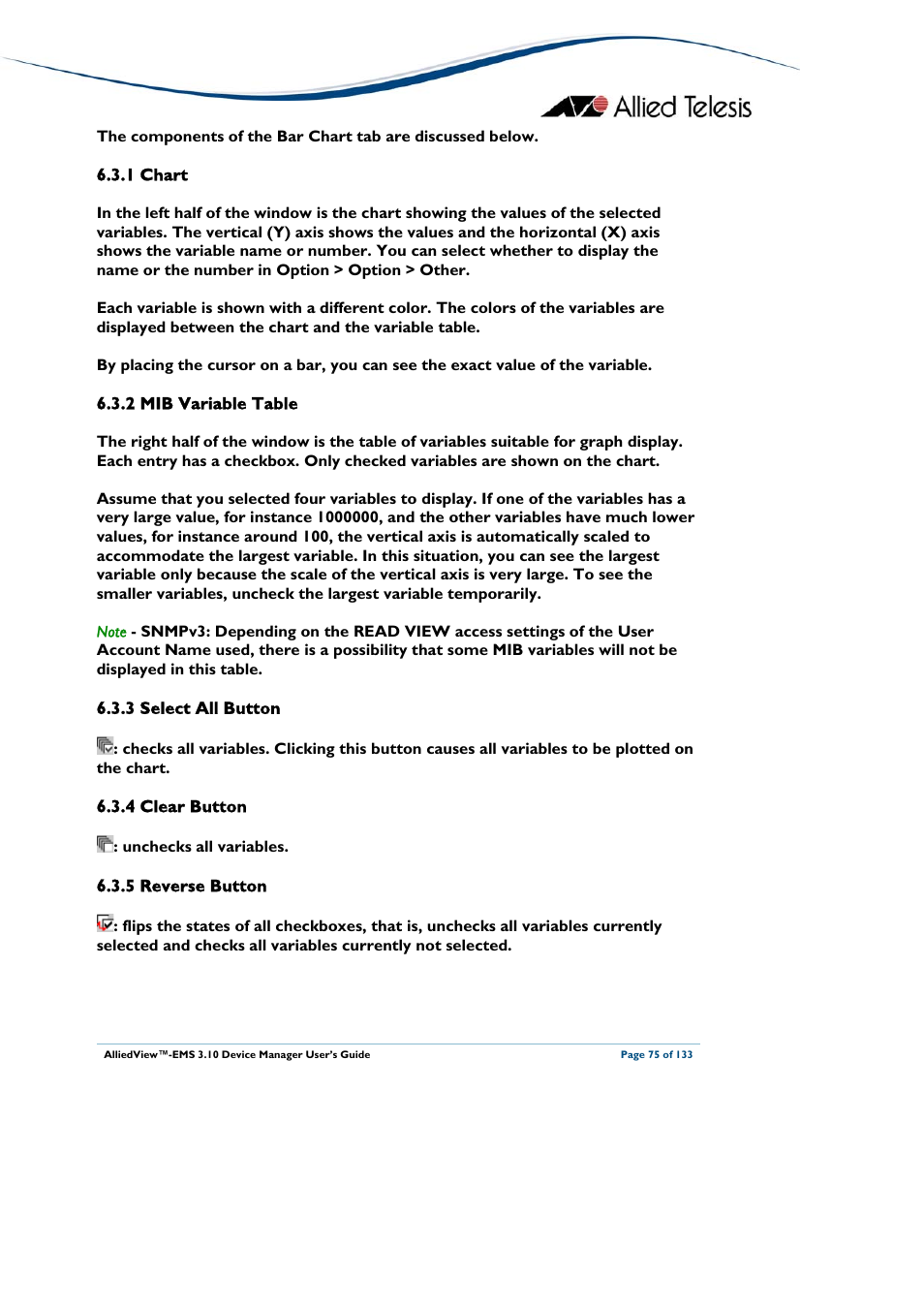 1 chart, 2 mib variable table, 3 select all button | 4 clear button, 5 reverse button, Chart, Mib variable table, Select all button, Clear button, Reverse button | Allied Telesis AlliedView-EMS 3.10 DEVICE MANAGER User Manual | Page 75 / 133