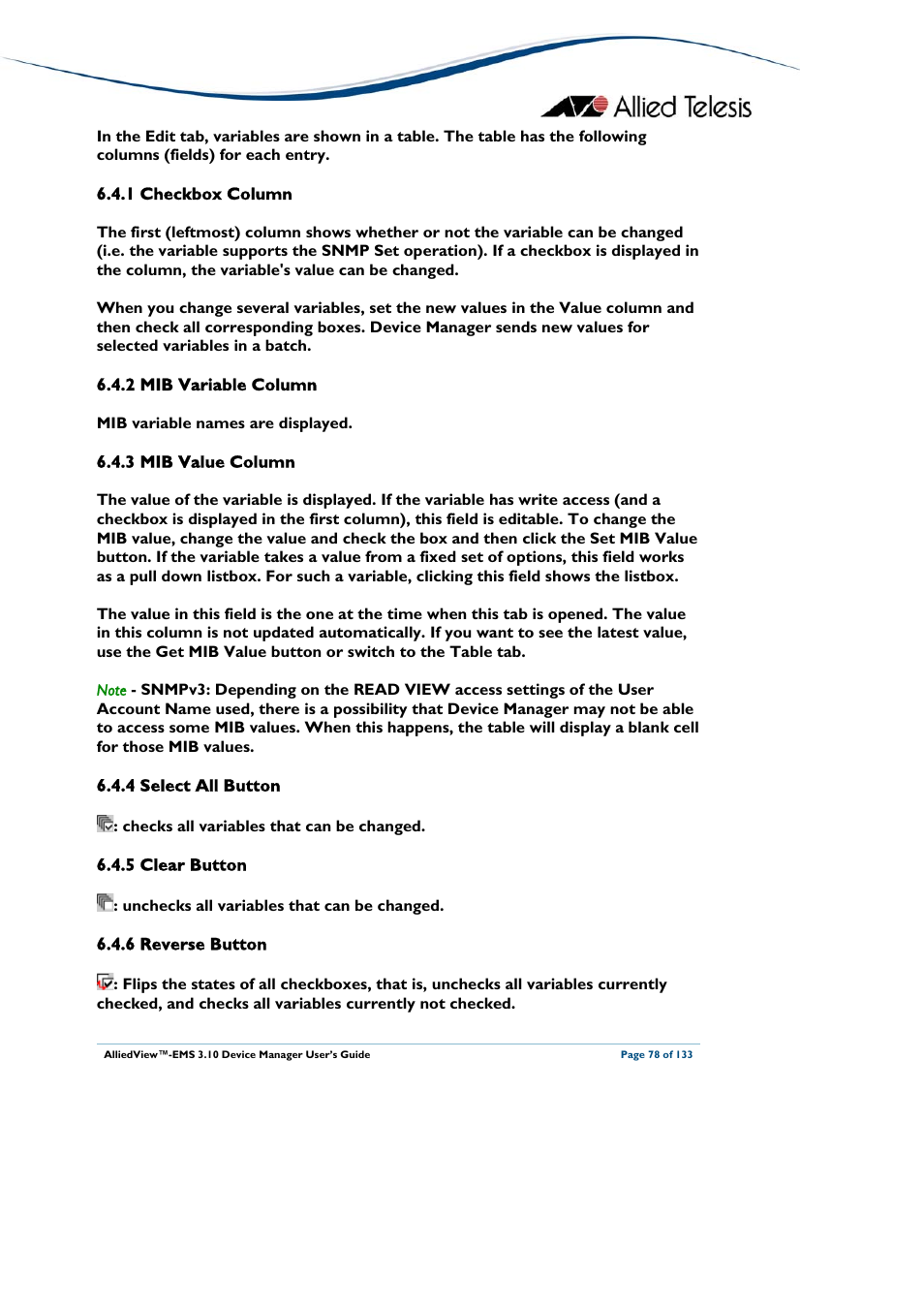 1 checkbox column, 2 mib variable column, 3 mib value column | 4 select all button, 5 clear button, 6 reverse button, Checkbox column, Mib variable column, Mib value column, Select all button | Allied Telesis AlliedView-EMS 3.10 DEVICE MANAGER User Manual | Page 78 / 133