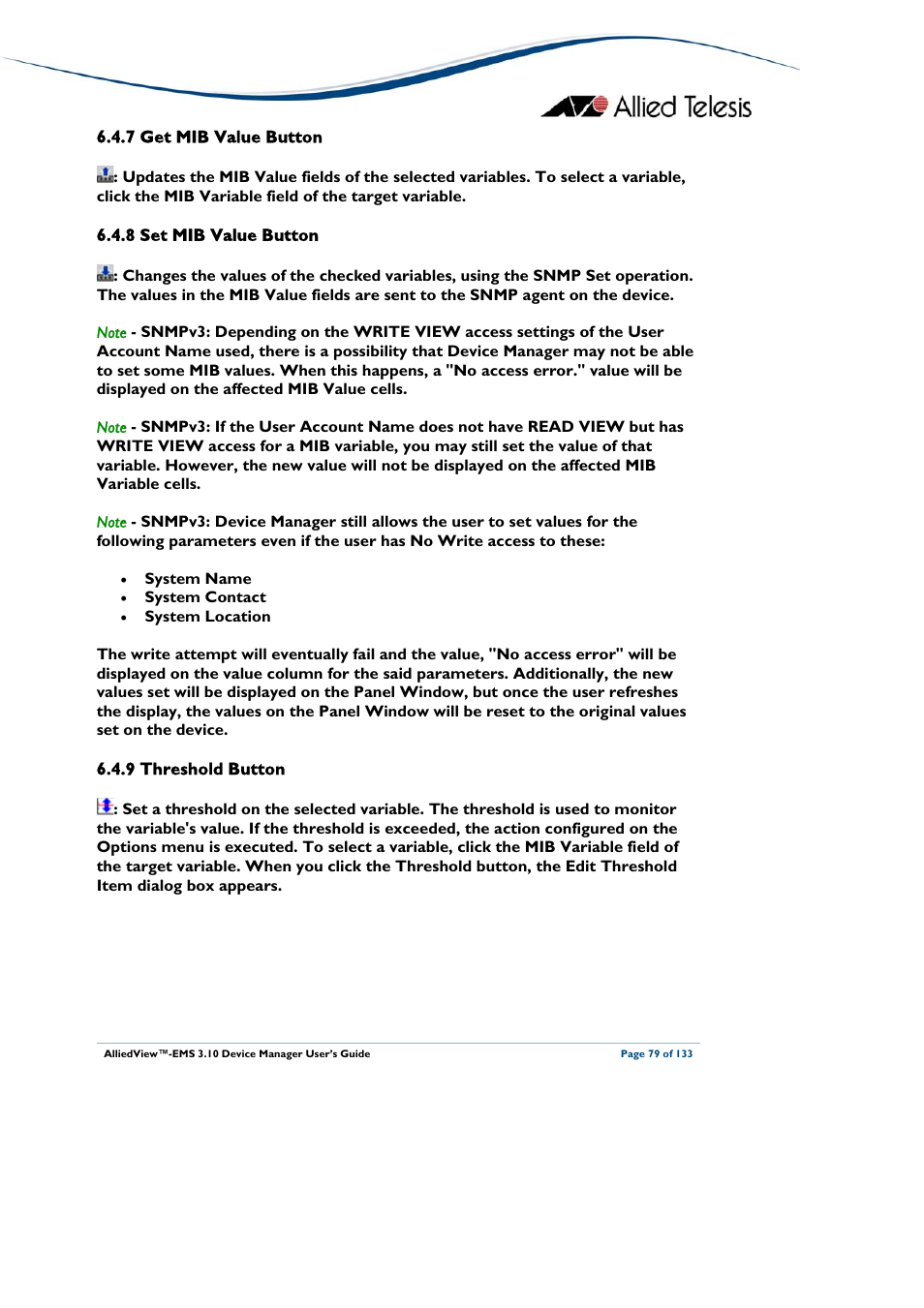 7 get mib value button, 8 set mib value button, 9 threshold button | Get mib value button, Set mib value button, Threshold button | Allied Telesis AlliedView-EMS 3.10 DEVICE MANAGER User Manual | Page 79 / 133
