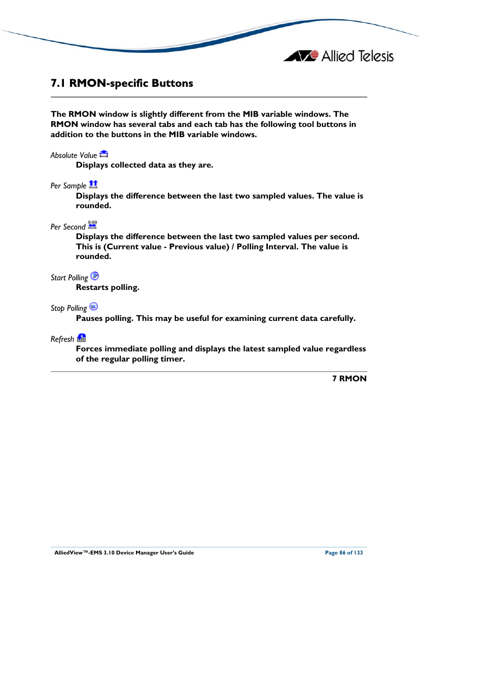 1 rmon-specific buttons, Rmon, Specific | Uttons | Allied Telesis AlliedView-EMS 3.10 DEVICE MANAGER User Manual | Page 86 / 133